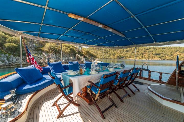yacht aft deck dining table with blue chairs under protective awning in bay