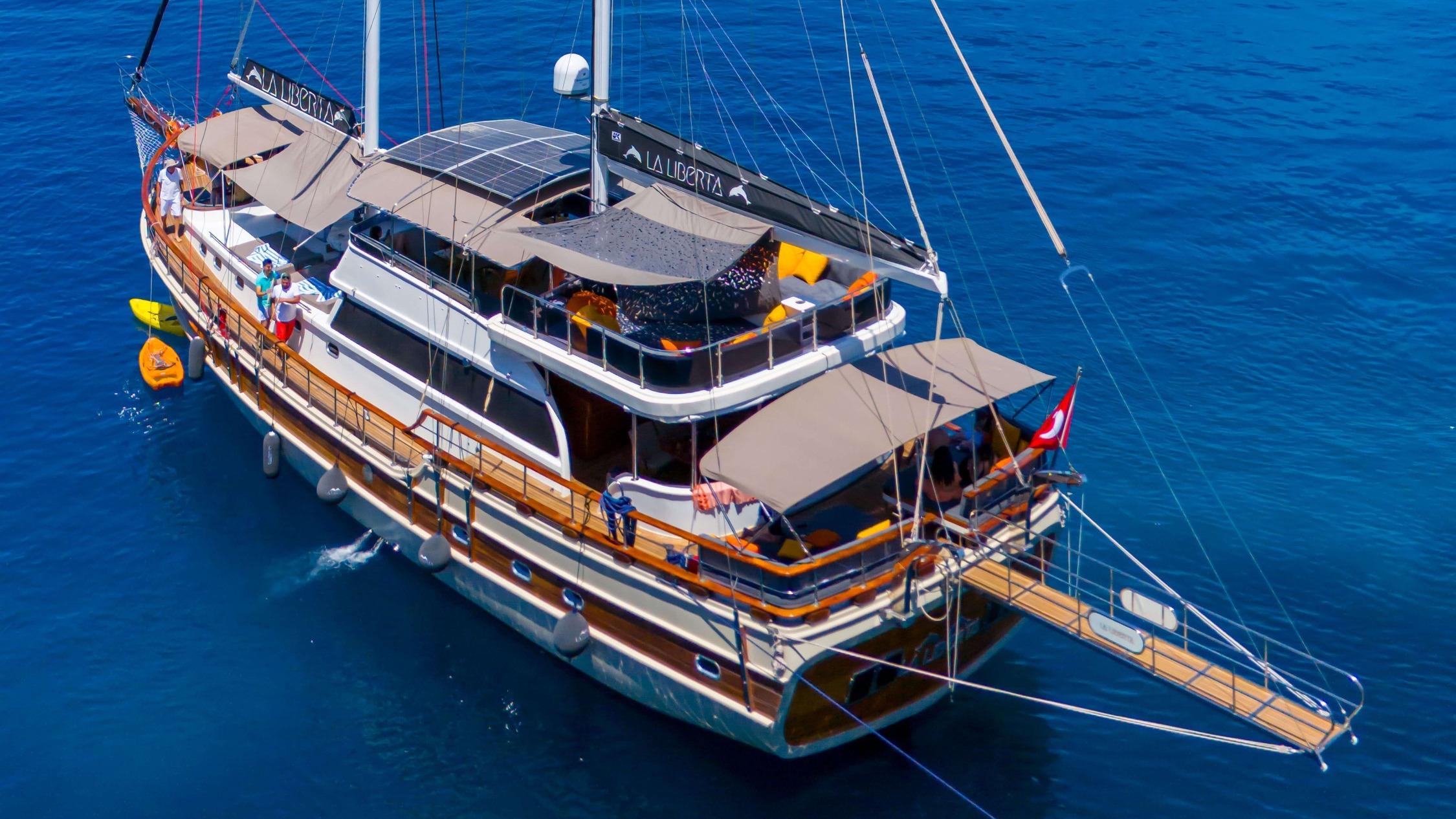 Aerial drone view of gulet La Liberta at anchor showing flybridge sun deck with yellow cushions, solar panels, teak decks, and yellow kayak alongside