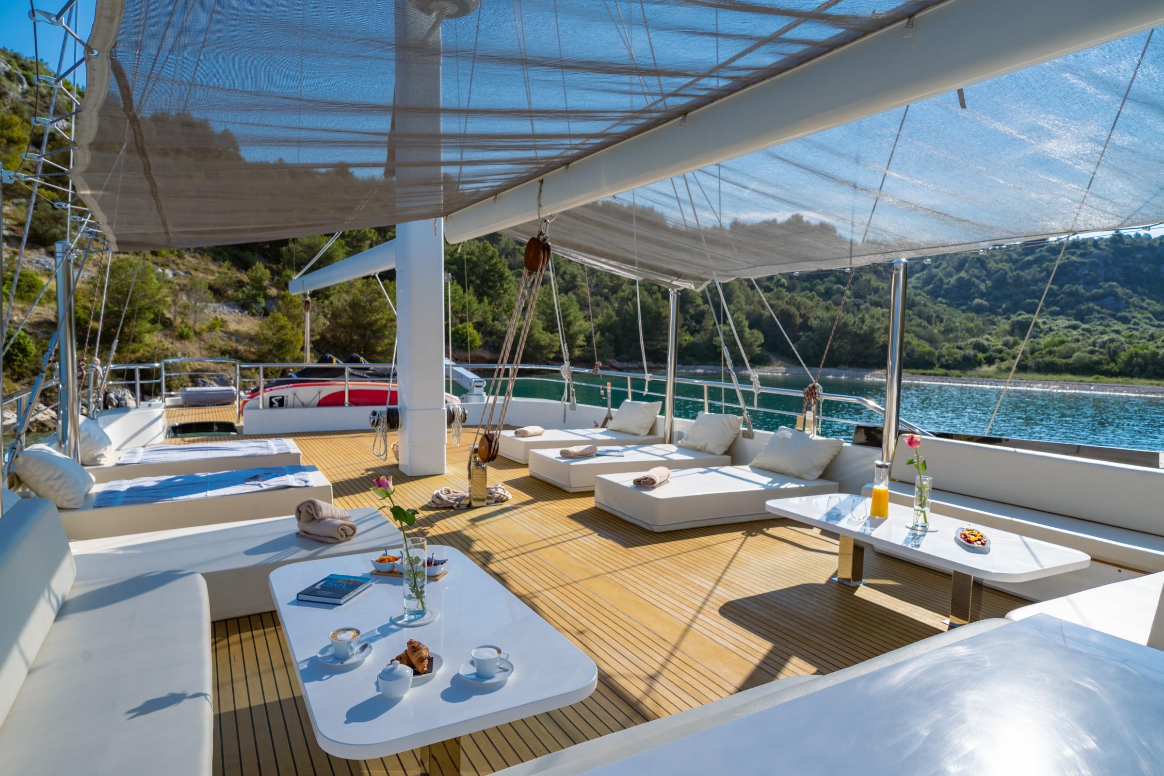 covered sun deck area with white cushioned seating, teak decking, and awning shade