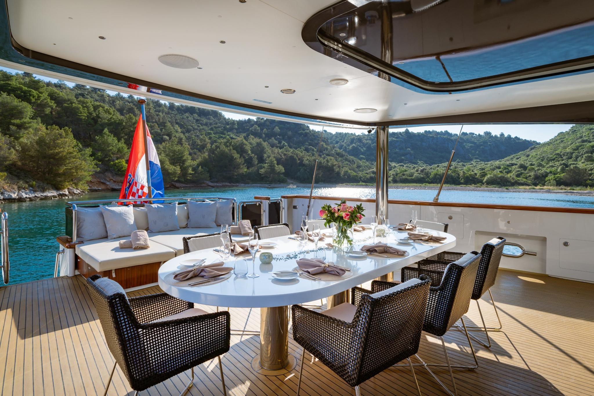 yacht aft deck with oval dining table, wicker chairs under hardtop canopy in Croatian bay