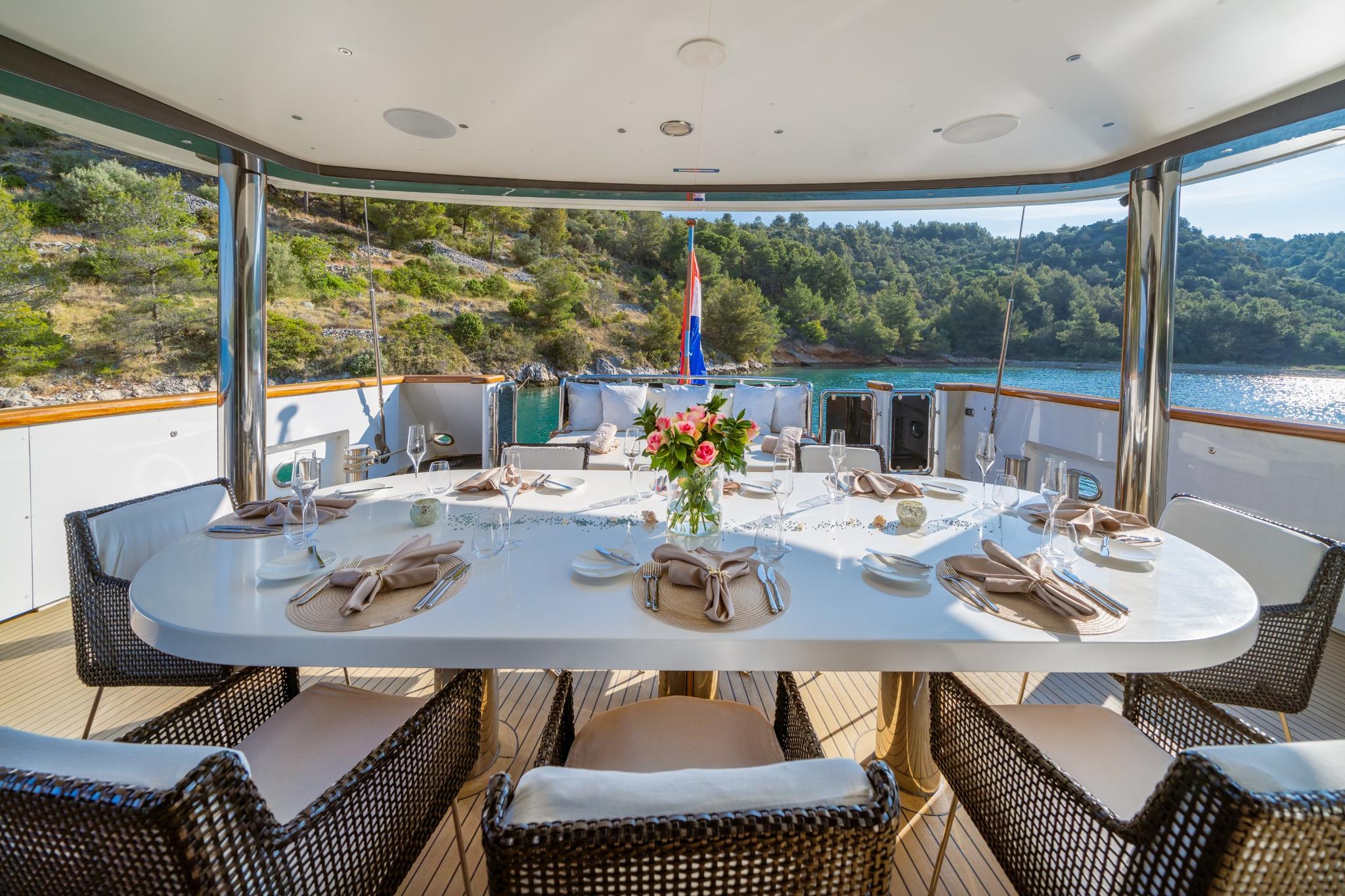 covered aft deck dining area with oval table, wicker chairs, and scenic bay views