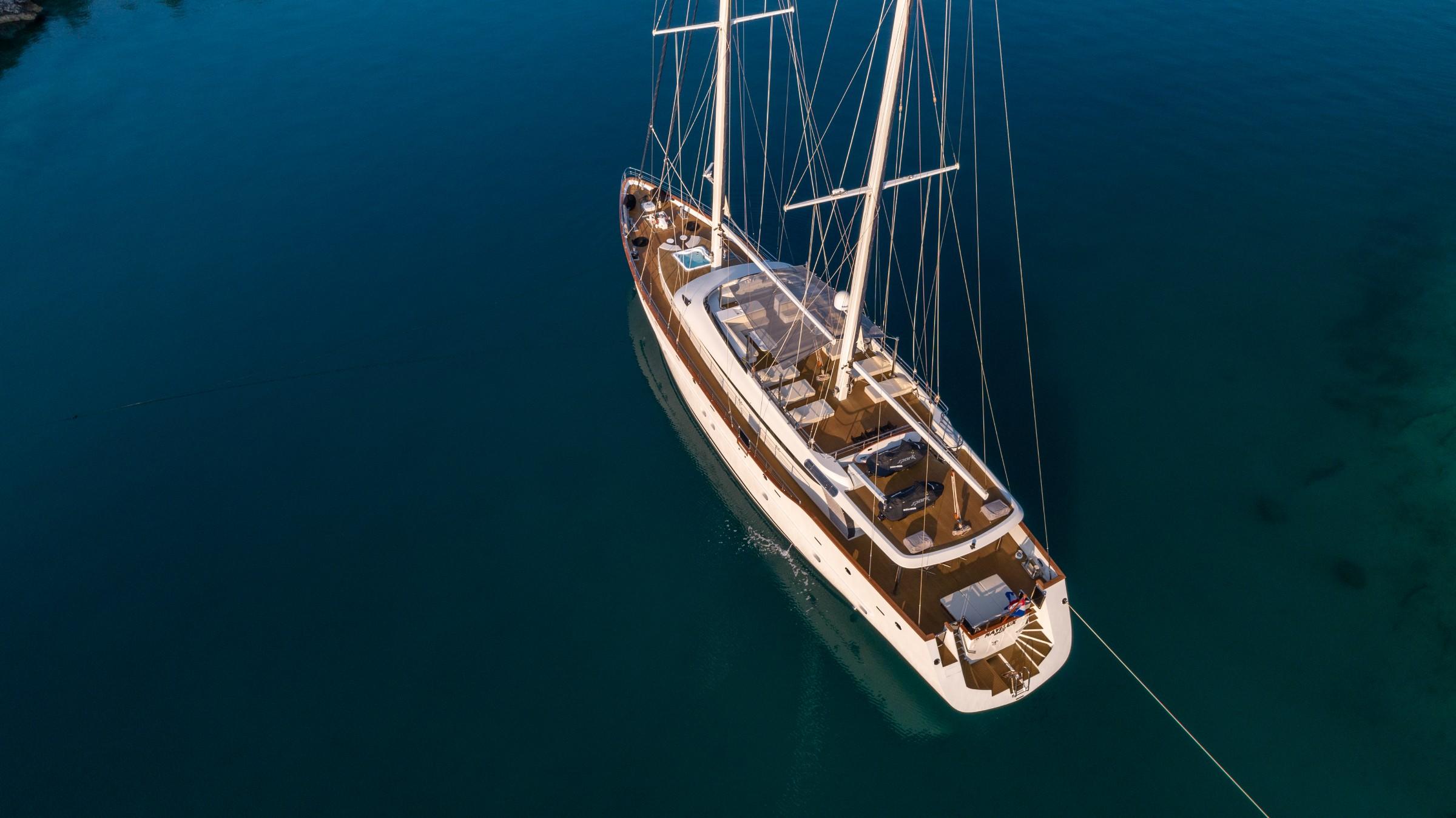aerial view of white sailing gulet with two masts anchored in crystal clear turquoise waters