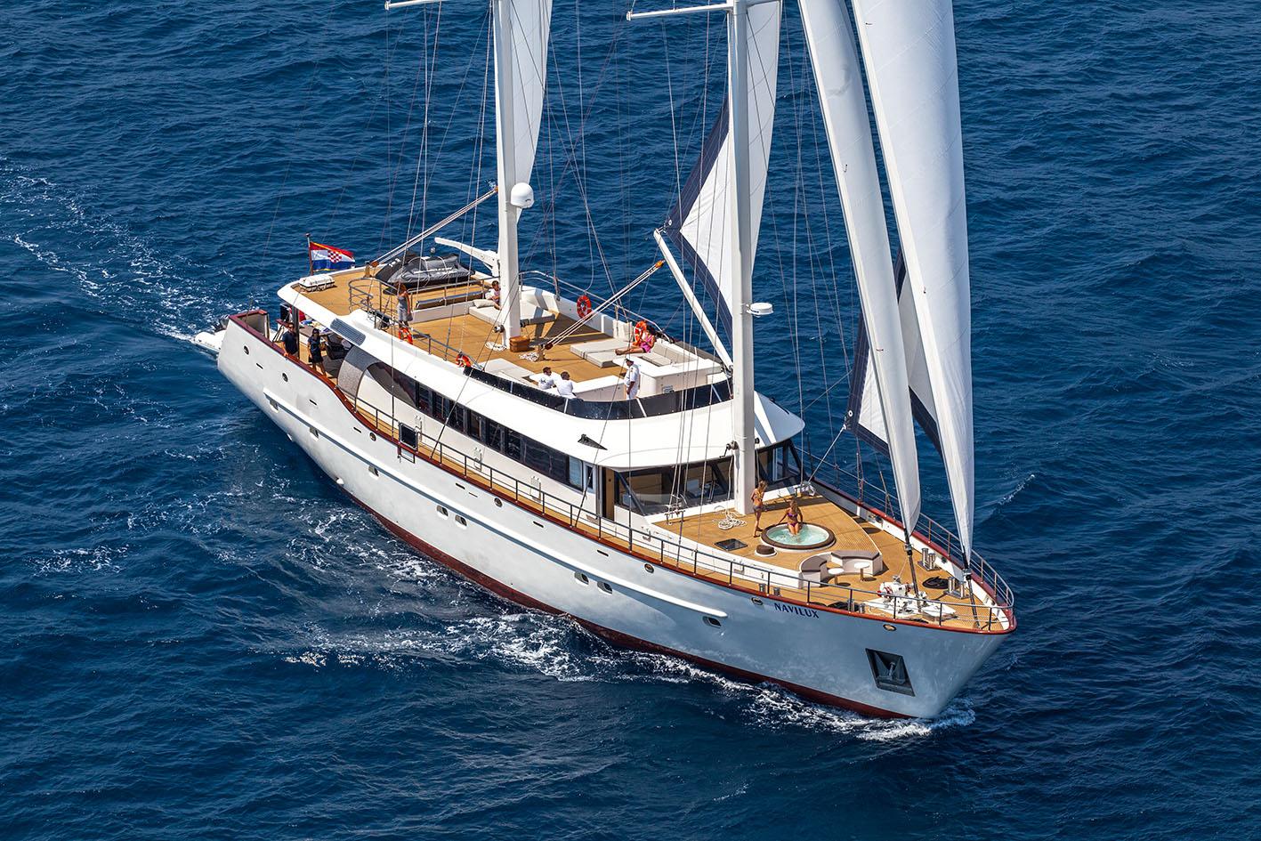 aerial view of white sailing yacht with two masts and full sails deployed on blue water