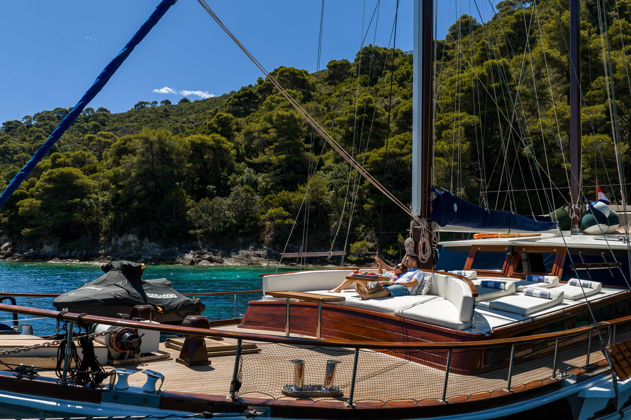 gulet deck with SeaDoo jet ski and water sports equipment in Mediterranean bay