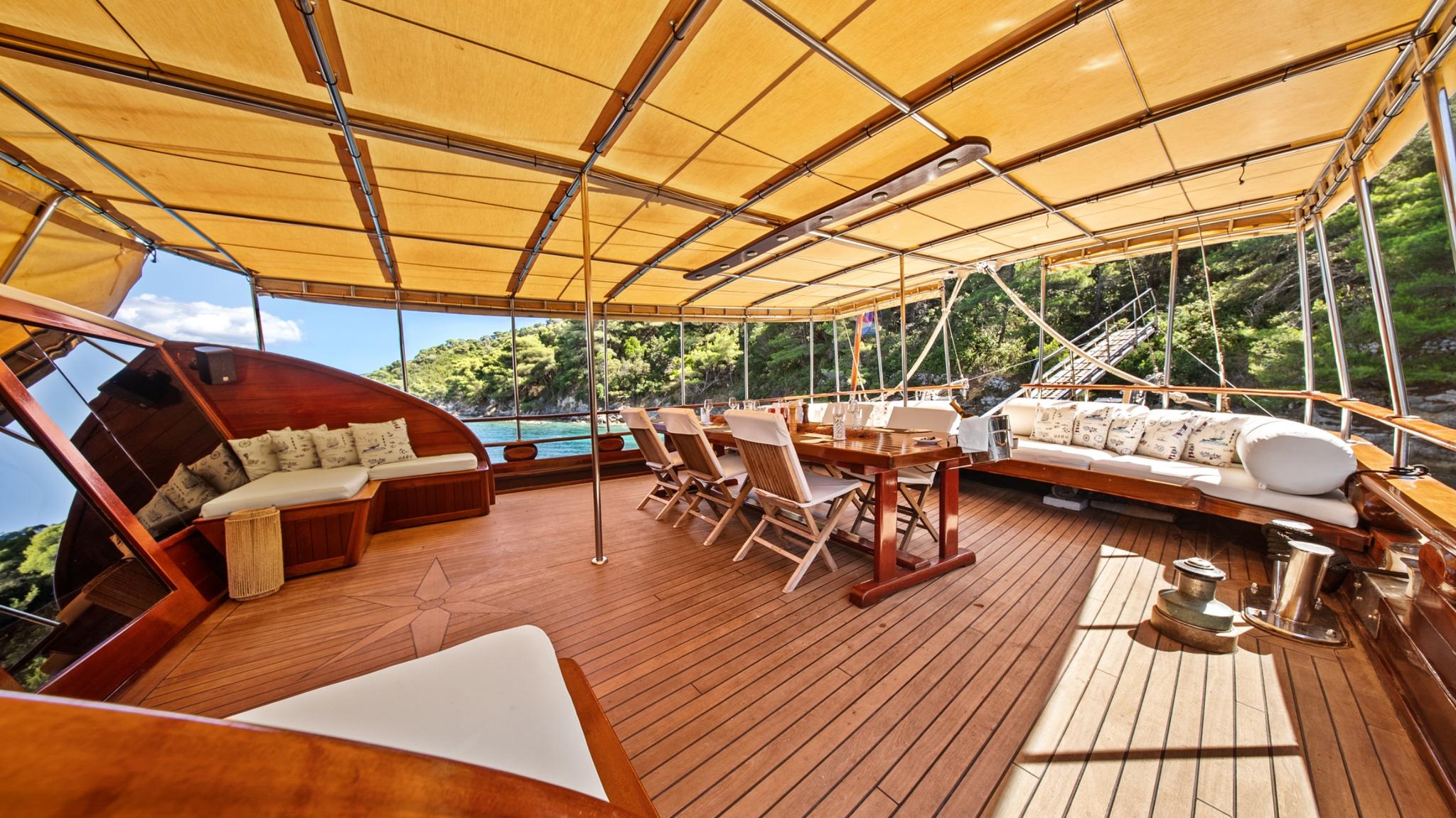 luxury gulet aft deck with teak flooring, built-in seating, dining table and yellow awning
