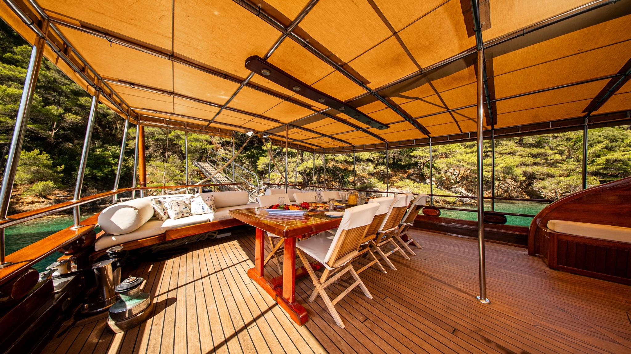 yacht aft deck dining table with food presentation and seating area