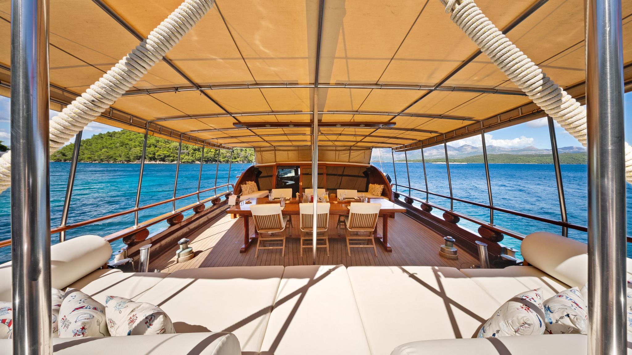 gulet yacht aft deck with teak dining table chairs under beige canvas awning