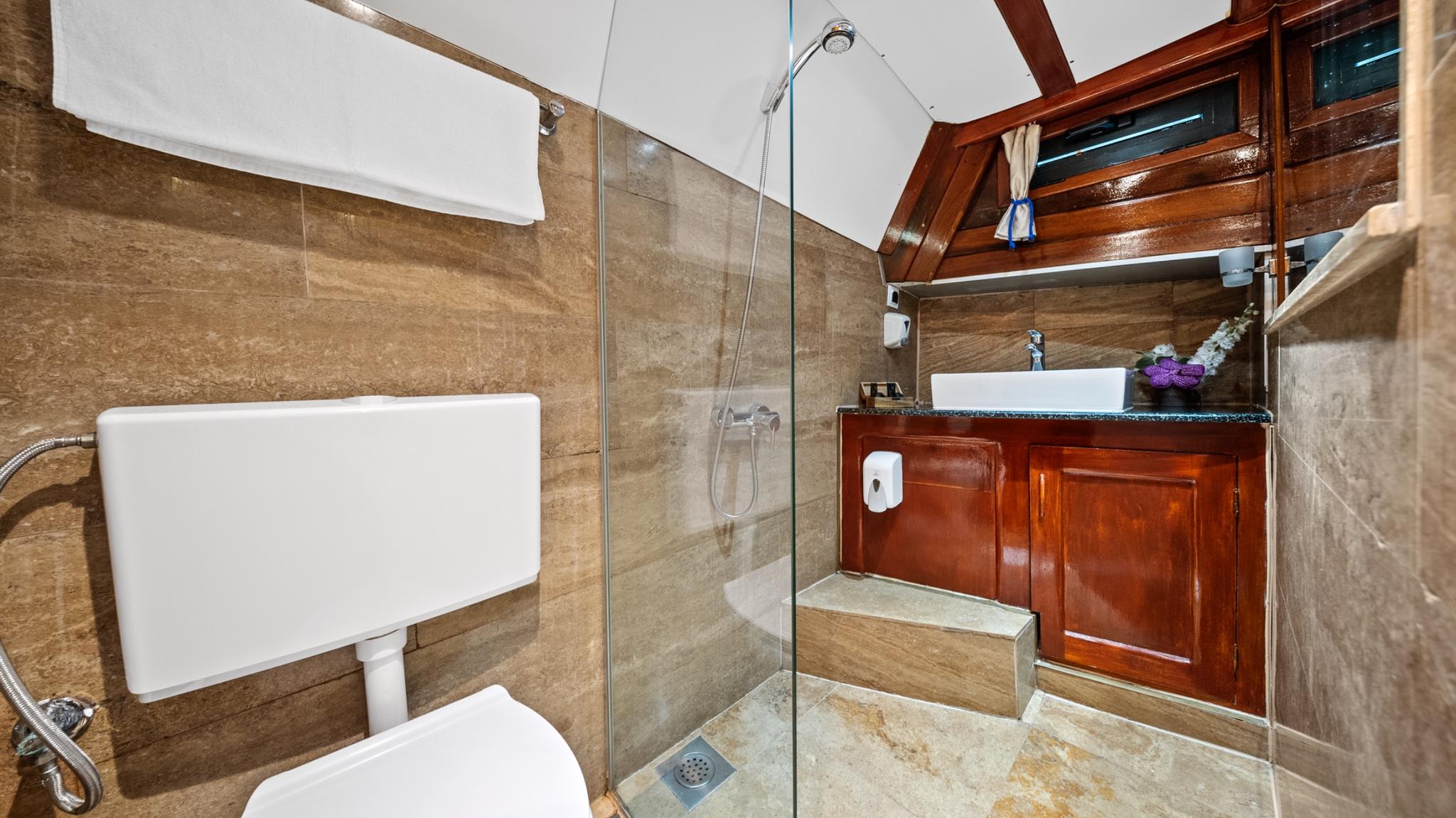yacht bathroom featuring glass shower enclosure, white toilet, wooden vanity with vessel sink