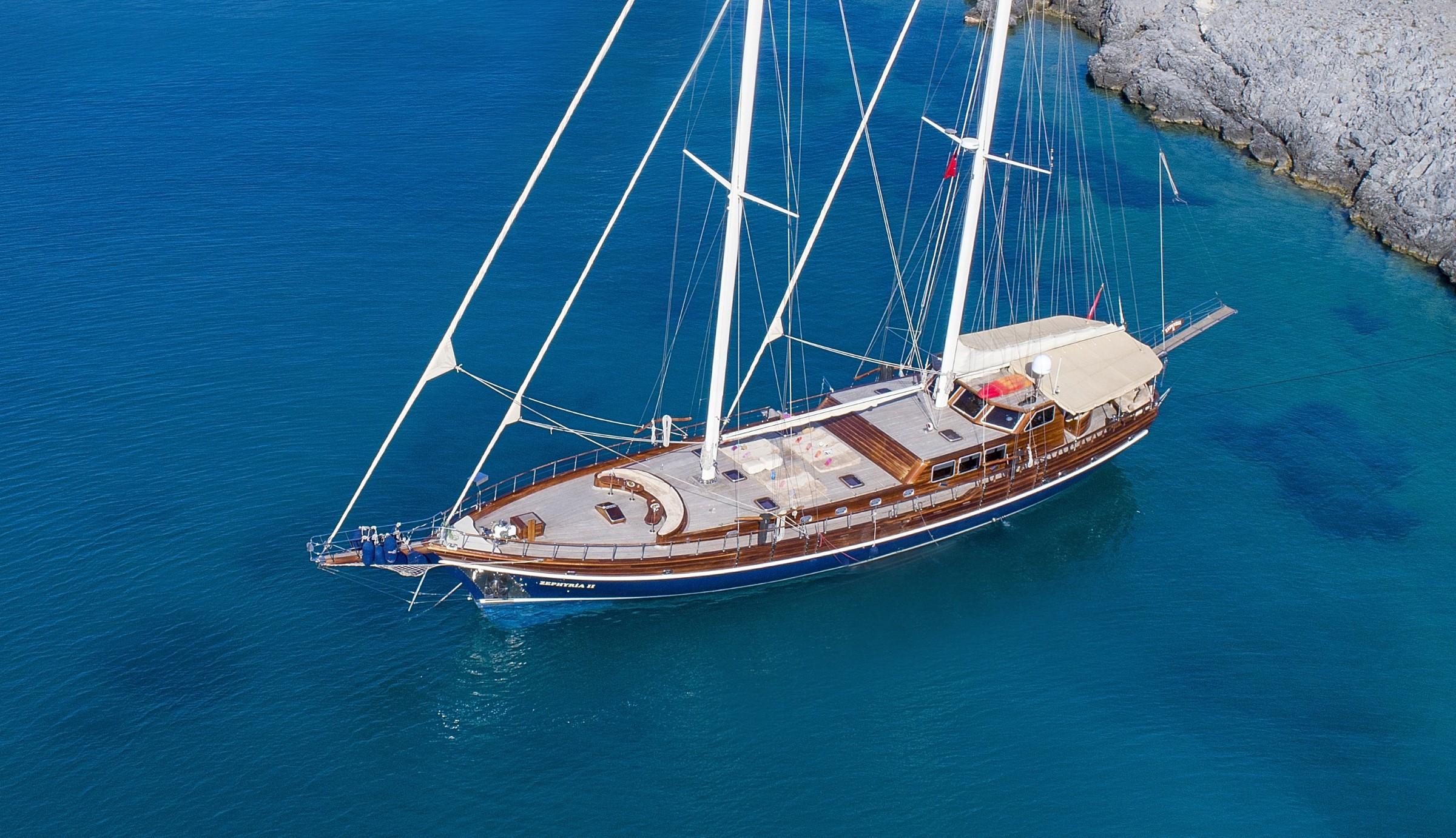 aerial view of traditional wooden gulet with two masts anchored in crystal clear turquoise waters