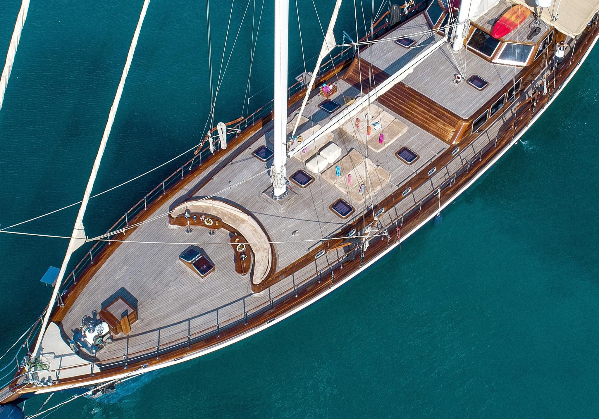 aerial view of traditional wooden gulet yacht showing deck layout with mast and rigging