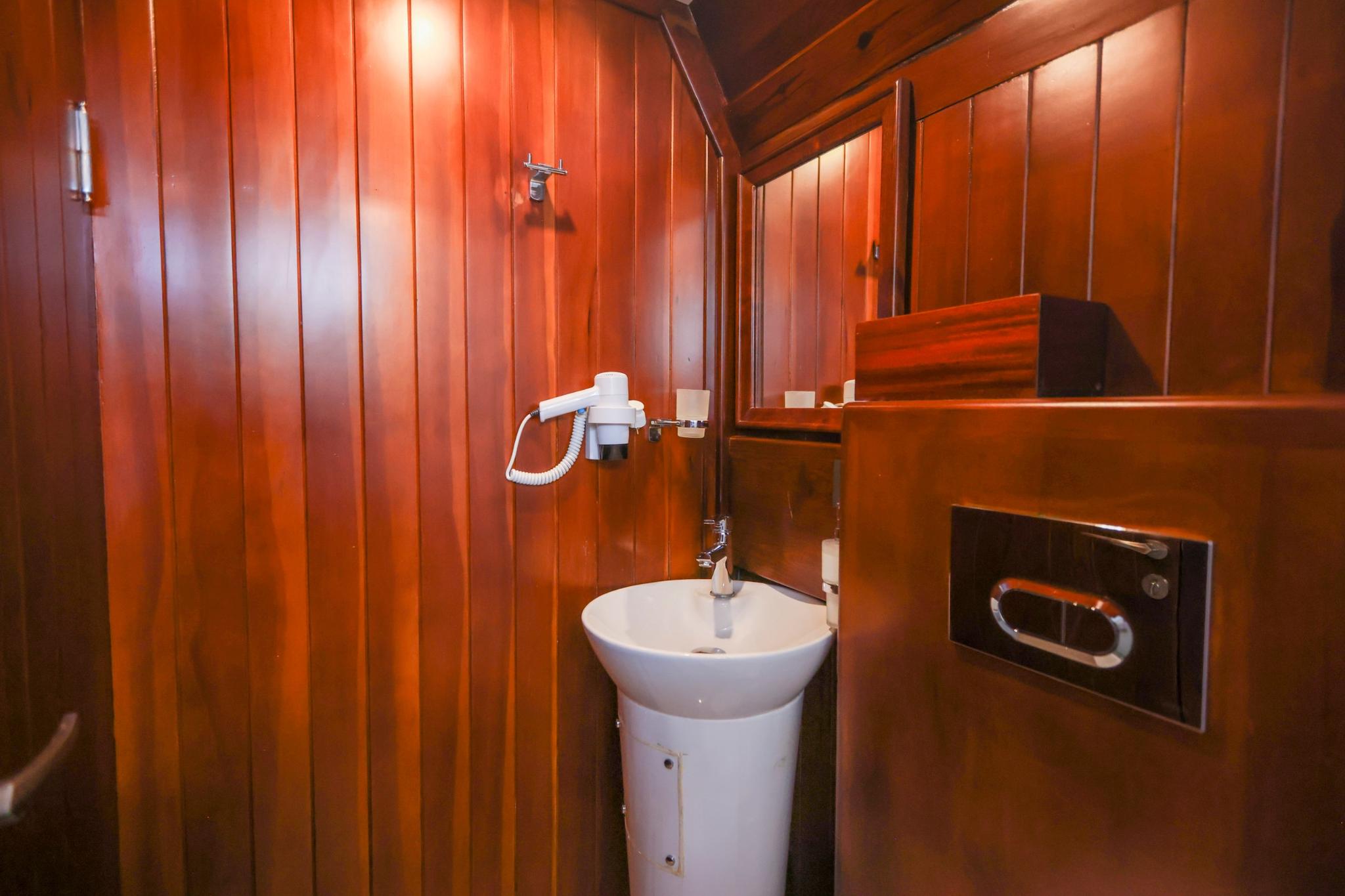 yacht bathroom interior with white pedestal sink, wall-mounted hair dryer, and rich wood paneling