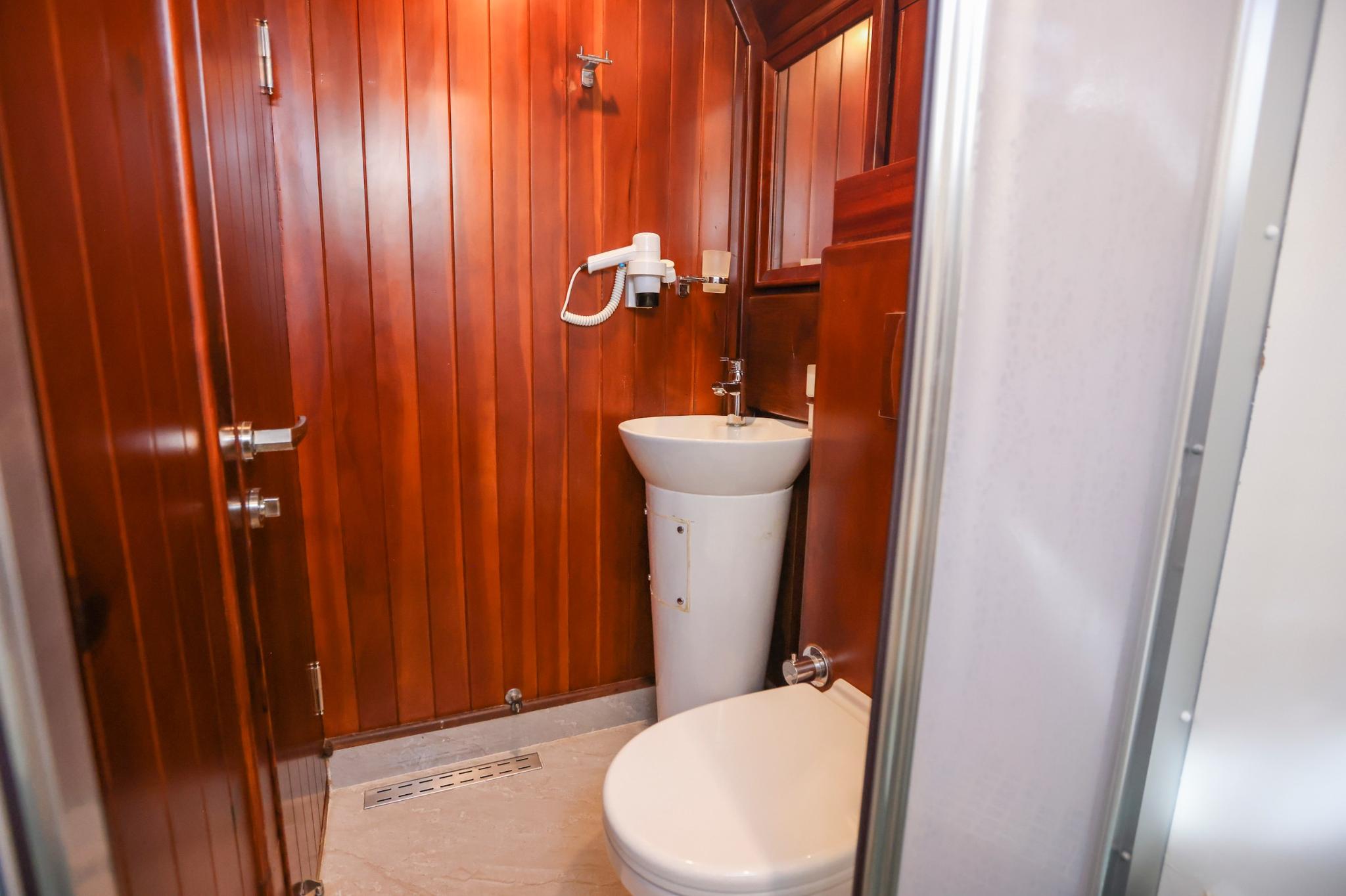 yacht bathroom interior with white pedestal sink, toilet, and rich mahogany wood paneling