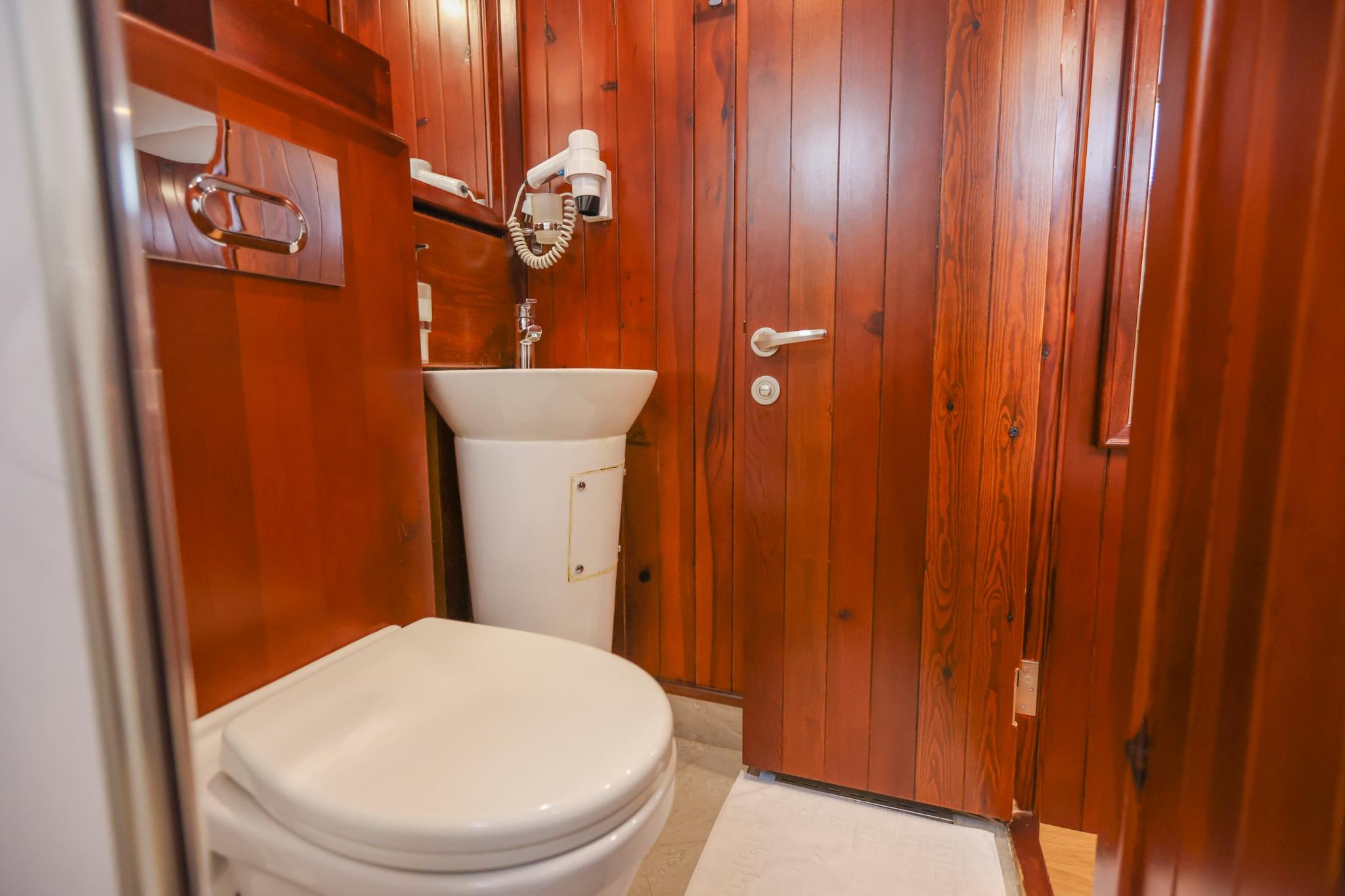 compact yacht bathroom featuring white toilet, pedestal sink, hair dryer, and rich wood paneling