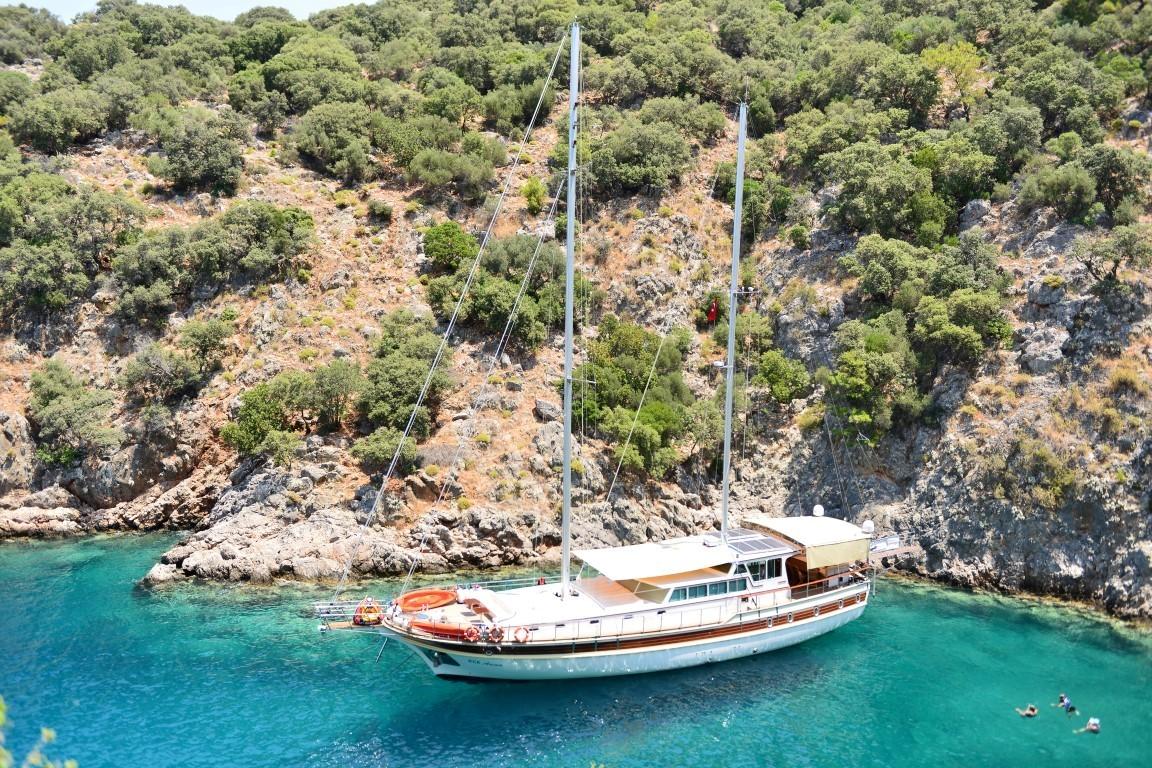 aerial view of traditional gulet yacht anchored in crystal clear turquoise waters near Mediterranean coastline