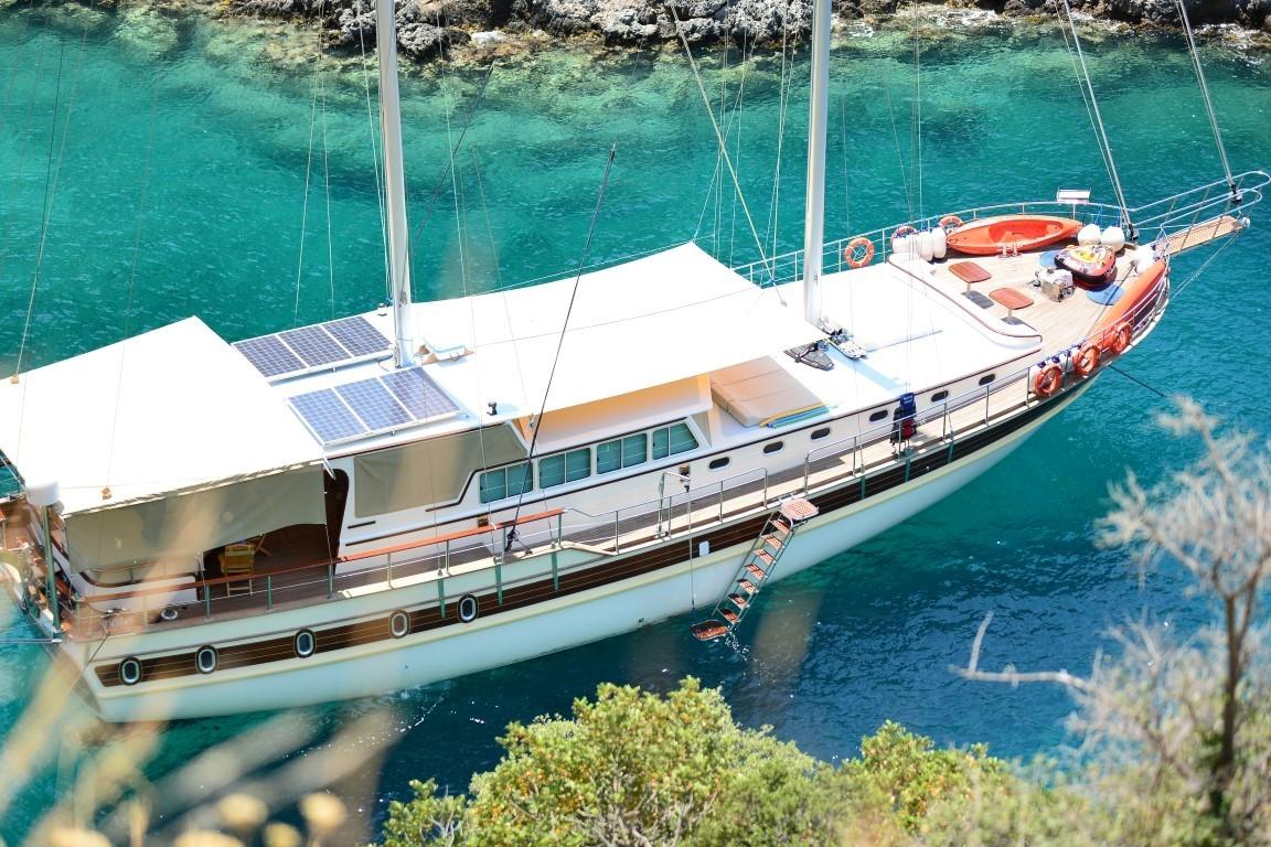 aerial view of white luxury gulet with solar panels anchored in crystal clear turquoise Mediterranean bay
