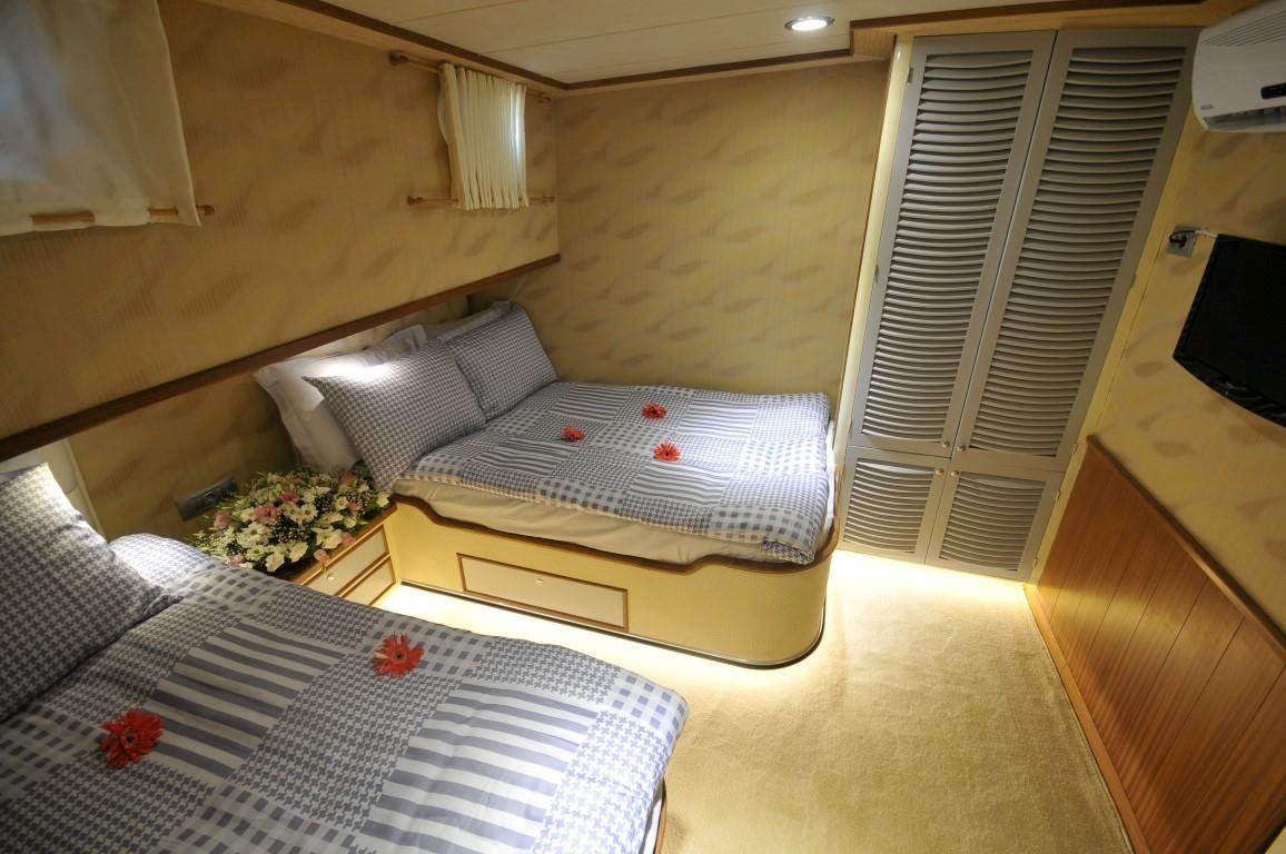 yacht guest cabin featuring twin beds with blue checkered bedding and white louvered wardrobes