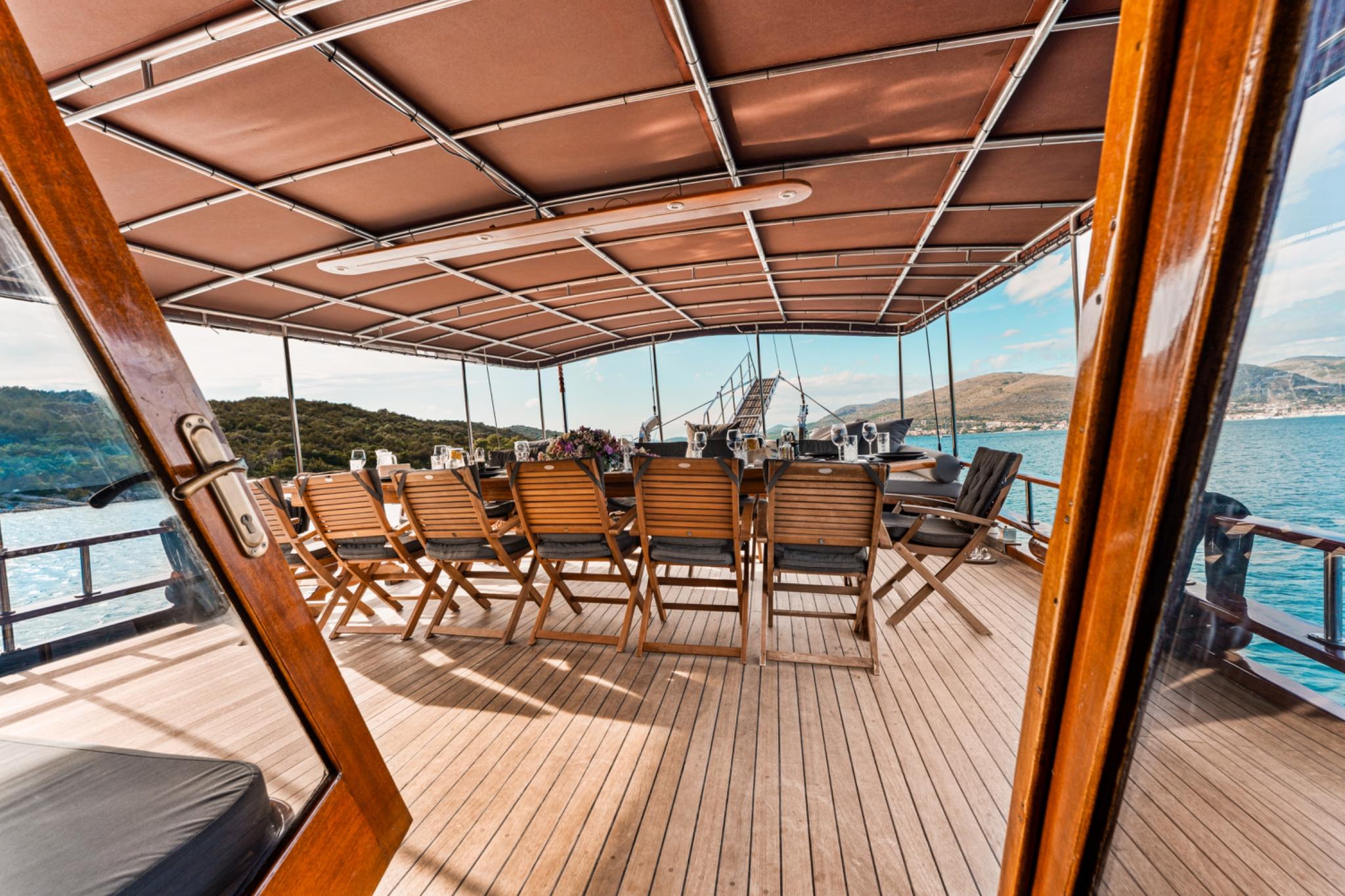 gulet aft deck dining area with wooden chairs under retractable awning overlooking Mediterranean coastline