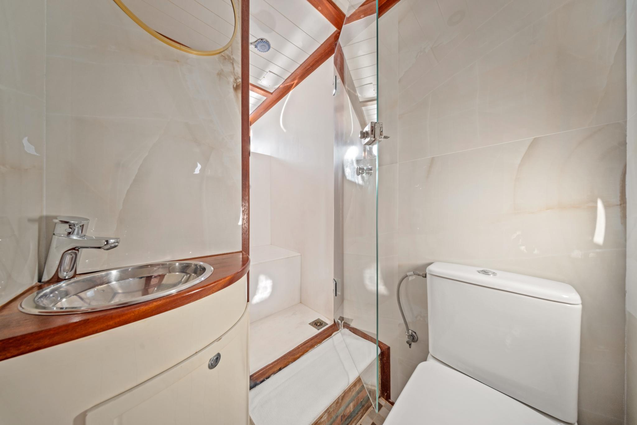 compact yacht bathroom featuring glass shower enclosure, toilet, and curved sink with wooden trim