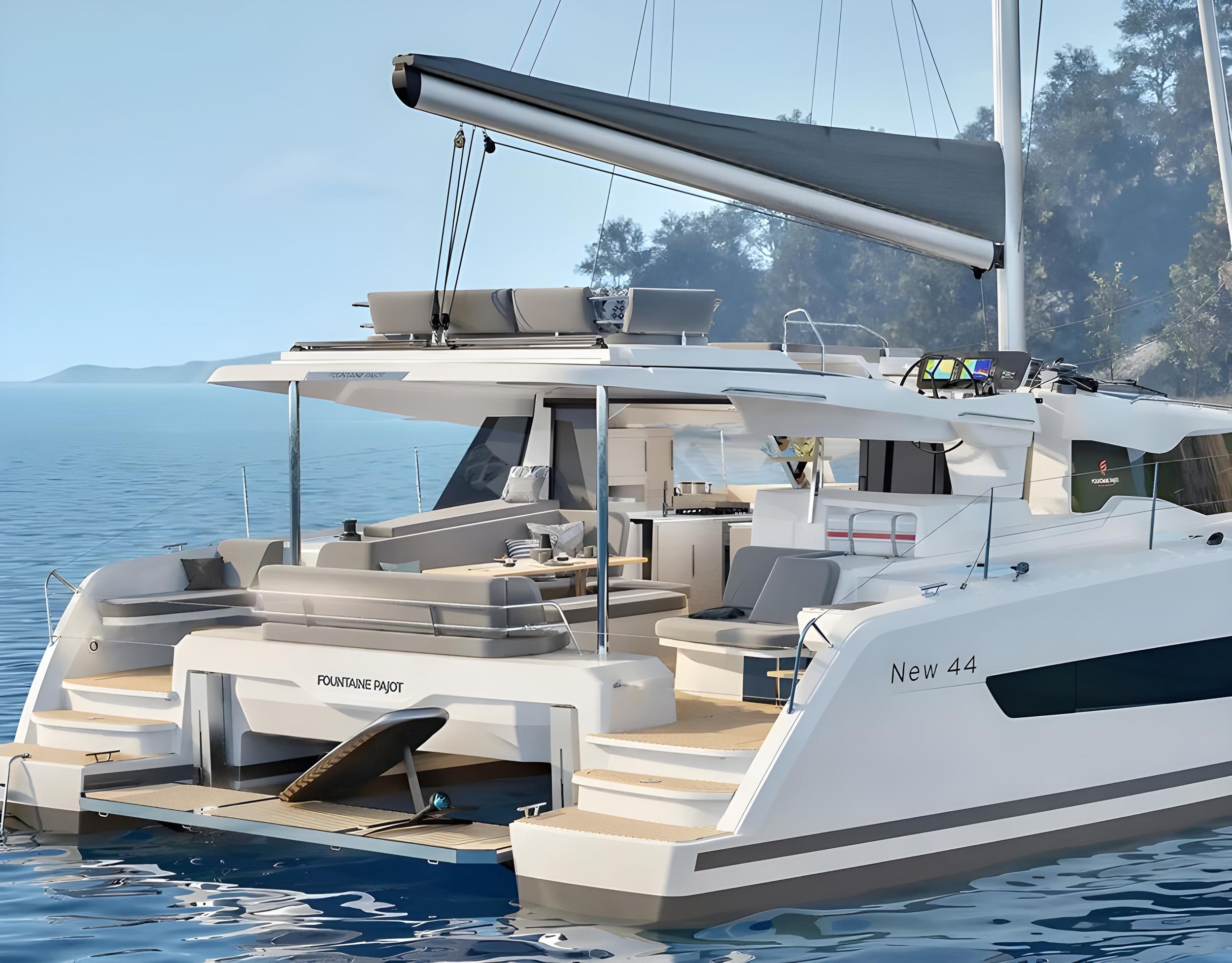 Fountaine Pajot New 44 sailing catamaran stern view showing cockpit seating, aft deck, and bimini