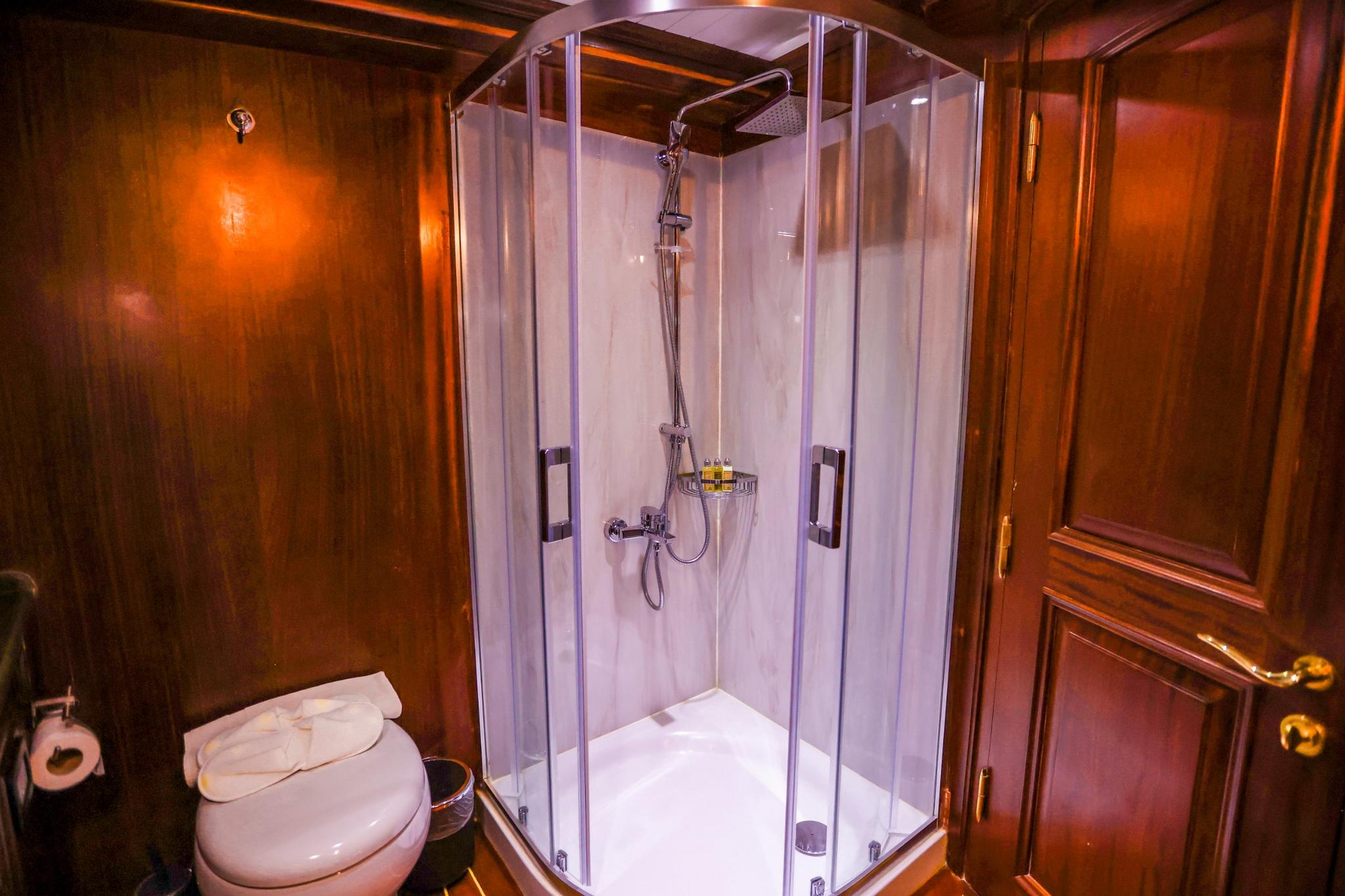 yacht bathroom featuring glass shower enclosure with rain shower head and white toilet