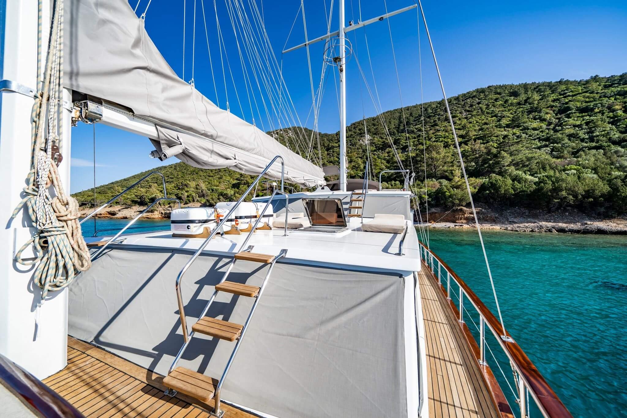Gulet side deck with teak planking, stainless steel railings, folded mainsail, and turquoise cove anchorage