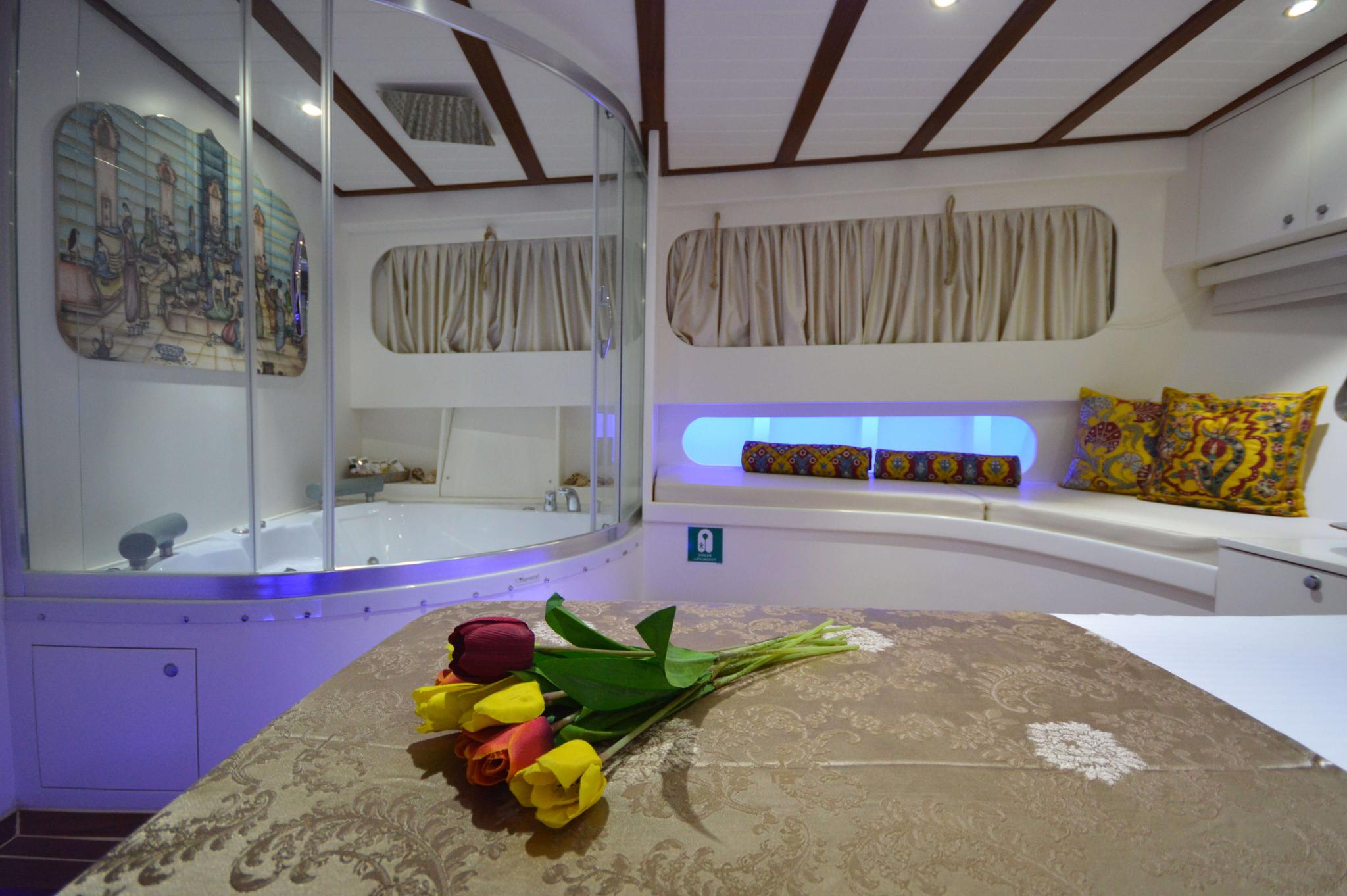 luxury yacht master cabin featuring jacuzzi tub, double bed with decorative pillows and LED lighting