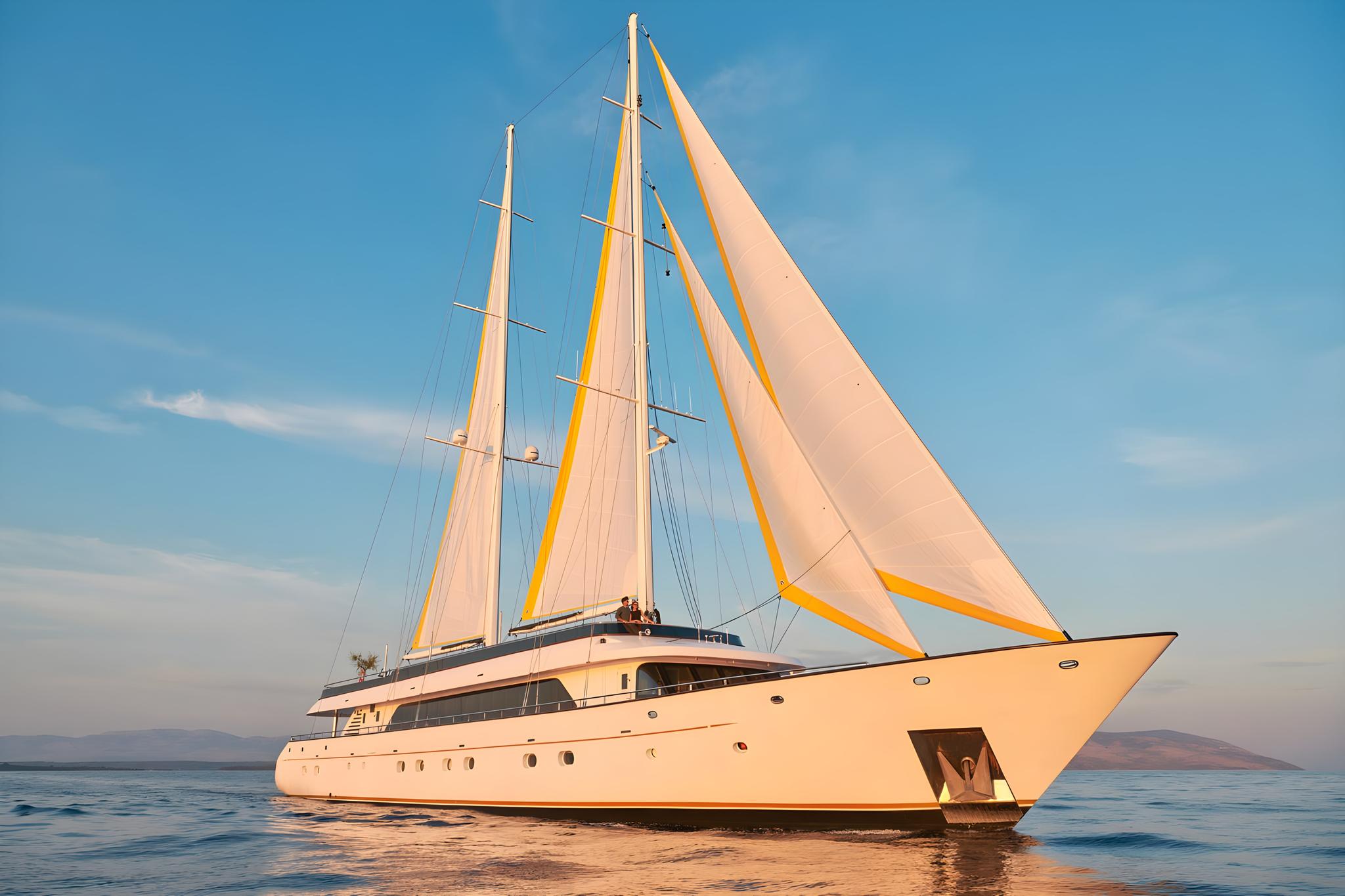 White luxury sailing yacht with yellow stripe under full sail on calm blue water