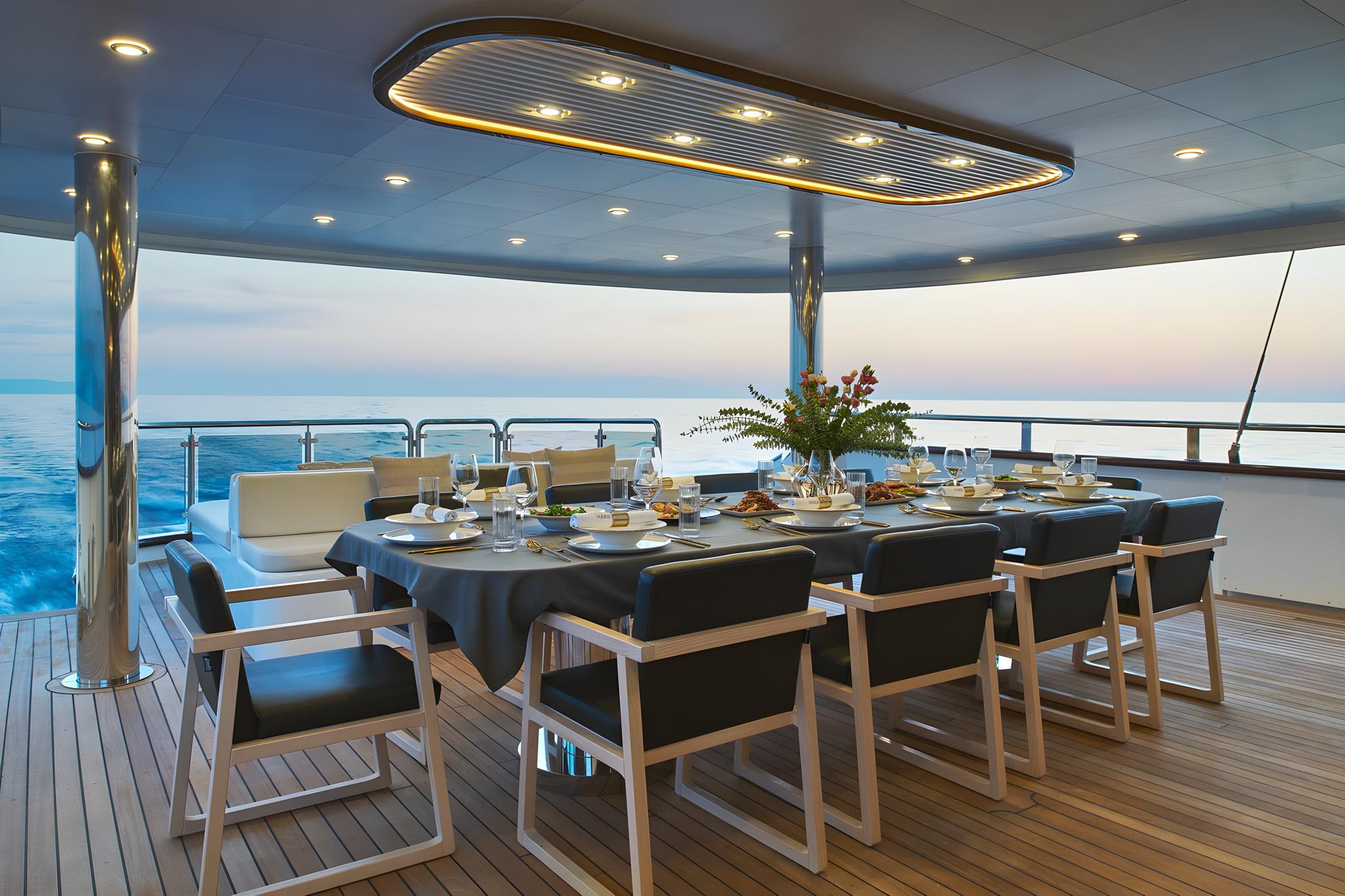 luxury yacht aft deck dining area with formal table setting and ocean views