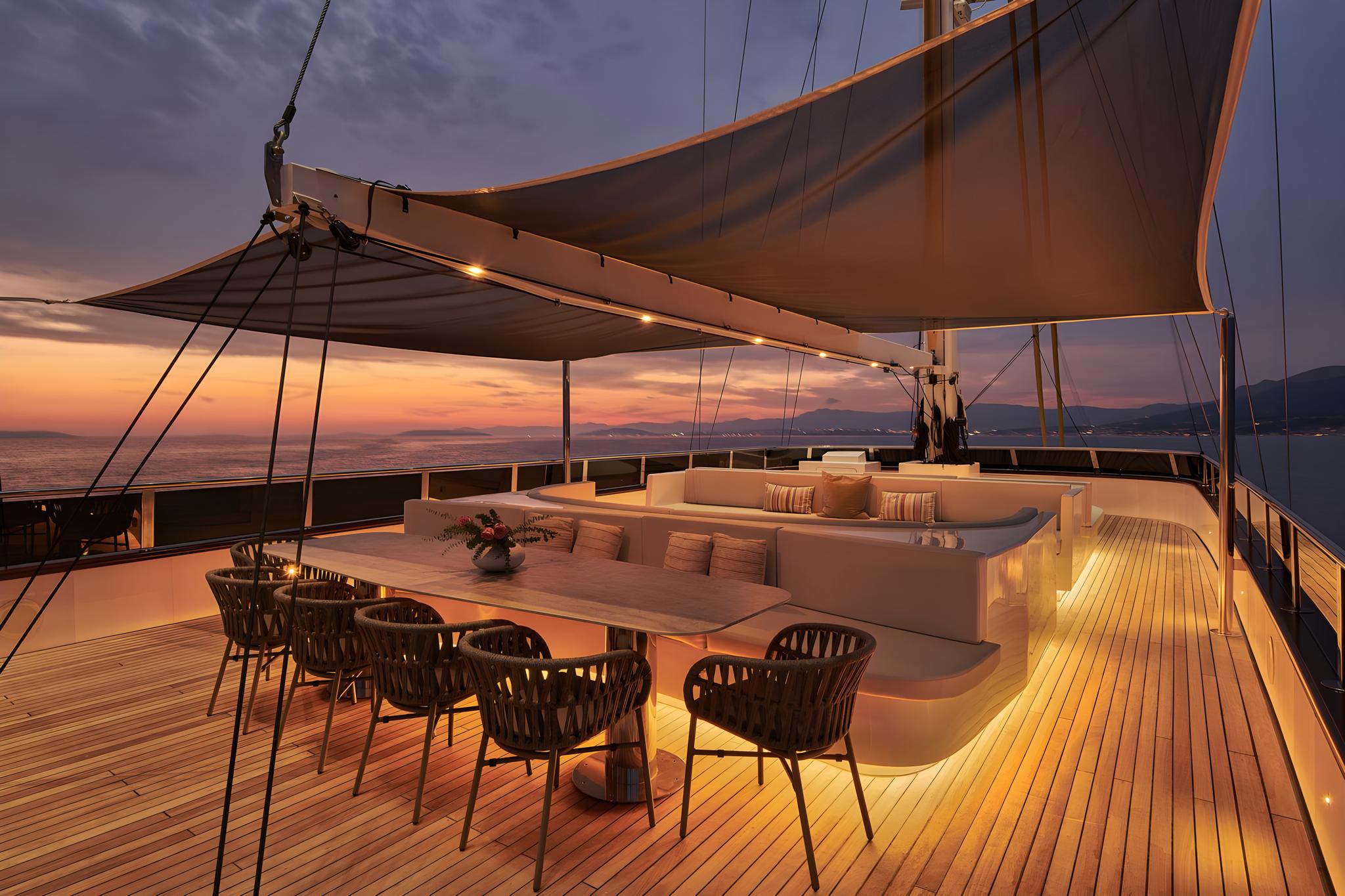 luxury sailing yacht main deck with built-in seating dining area at golden hour