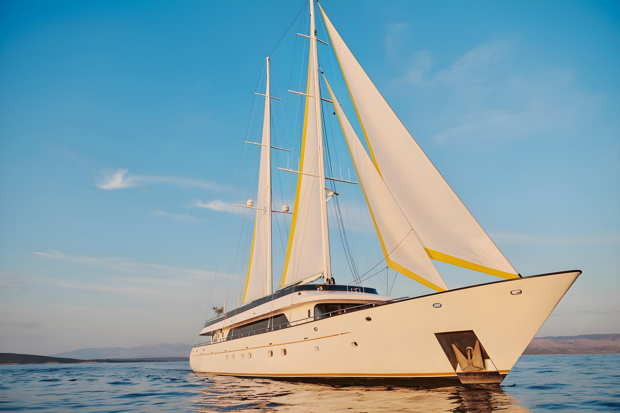 White luxury sailing yacht with yellow-trimmed sails cruising Mediterranean waters