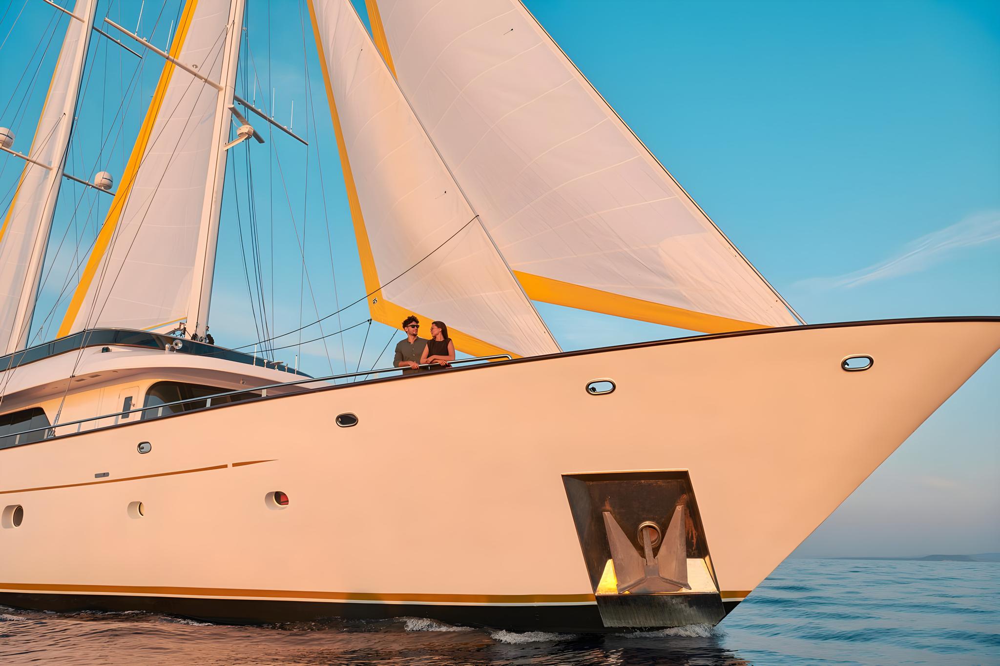 luxury sailing yacht with cream hull and white sails underway
