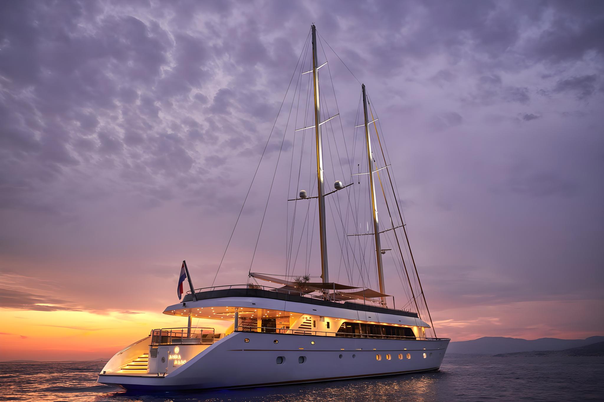 White luxury sailing yacht with two masts anchored at golden hour sunset