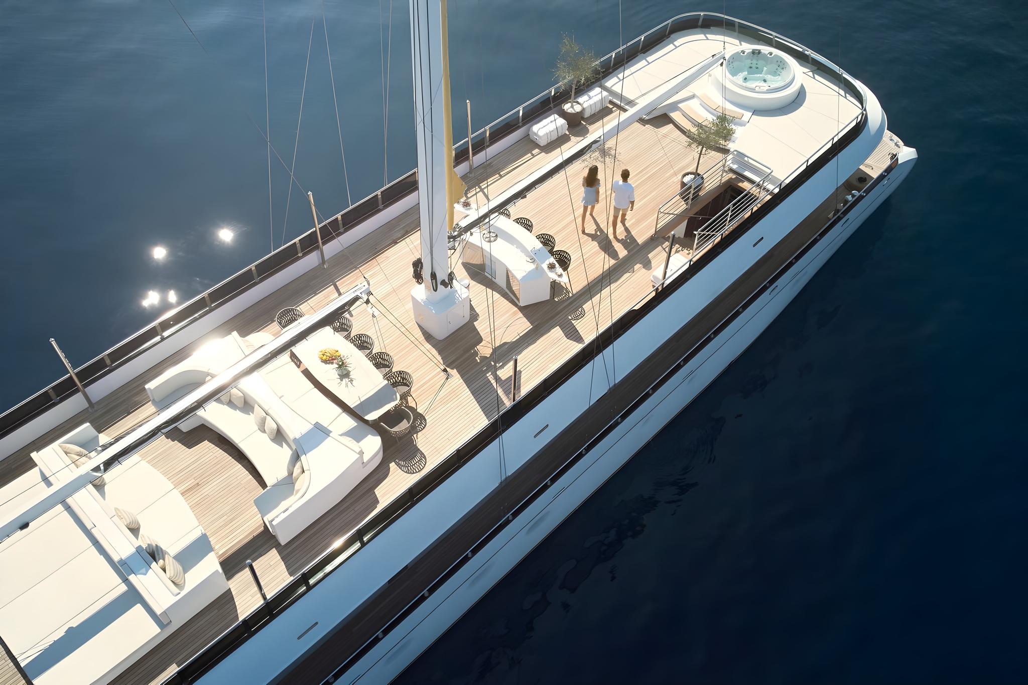 aerial view of luxury yacht with jacuzzi and teak decks on blue water