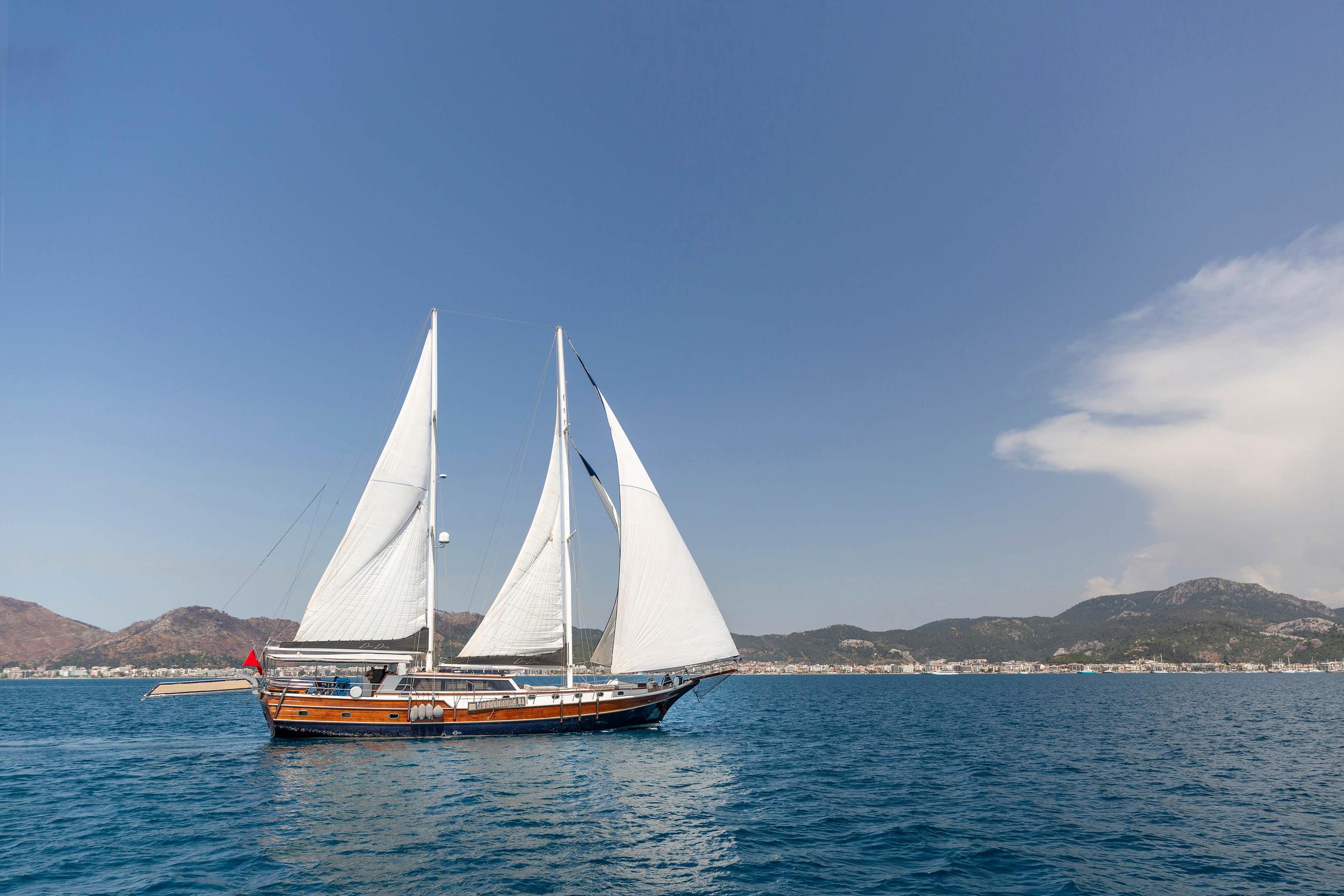 Traditional wooden gulet sailing yacht with three white sails deployed on blue Mediterranean waters