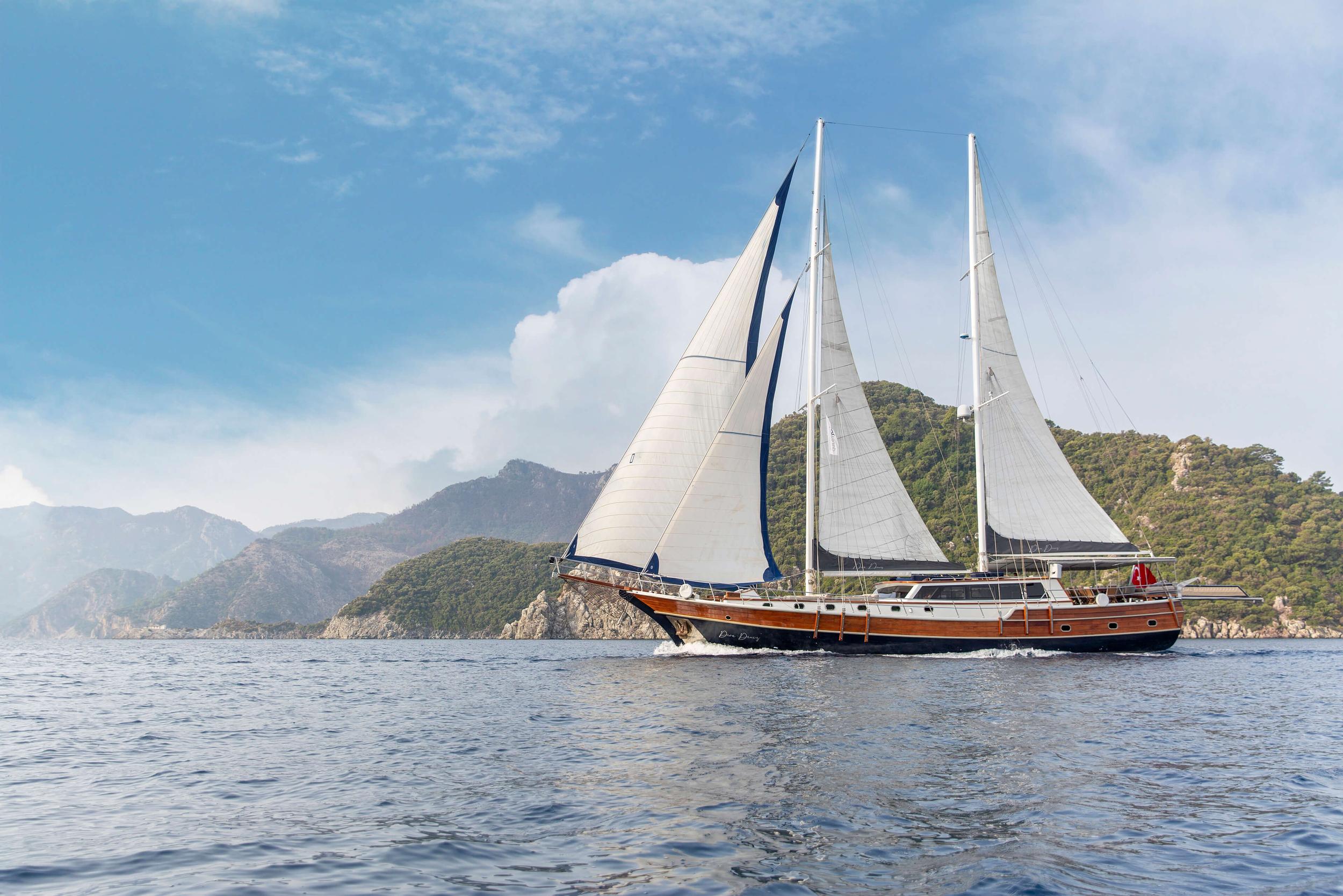 Traditional wooden gulet yacht sailing with white sails deployed against mountainous coastline backdrop