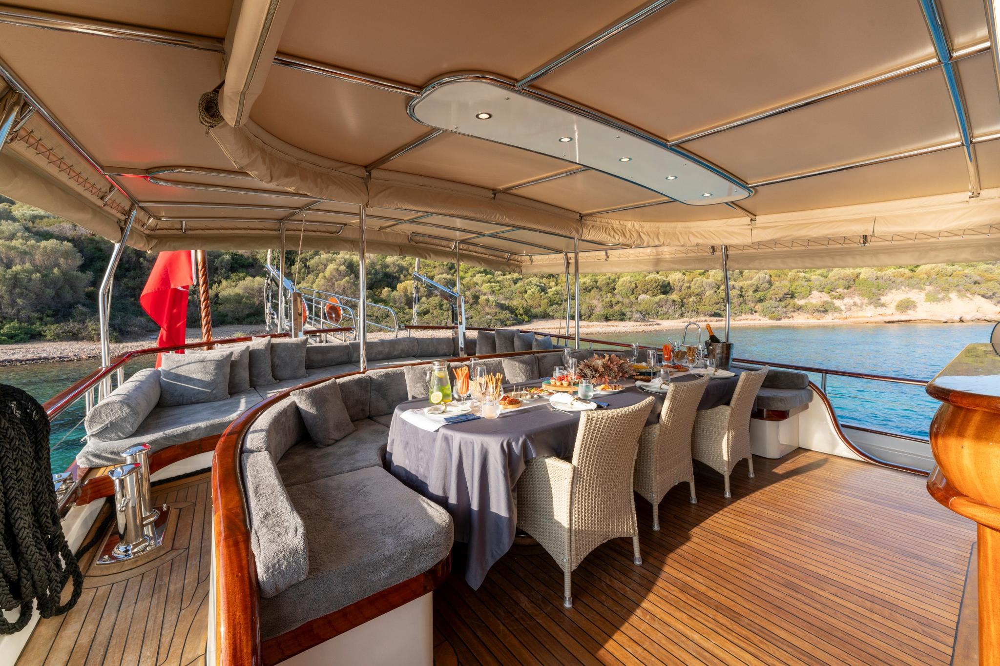yacht aft deck dining area with served meal, drinks and table setting under awning