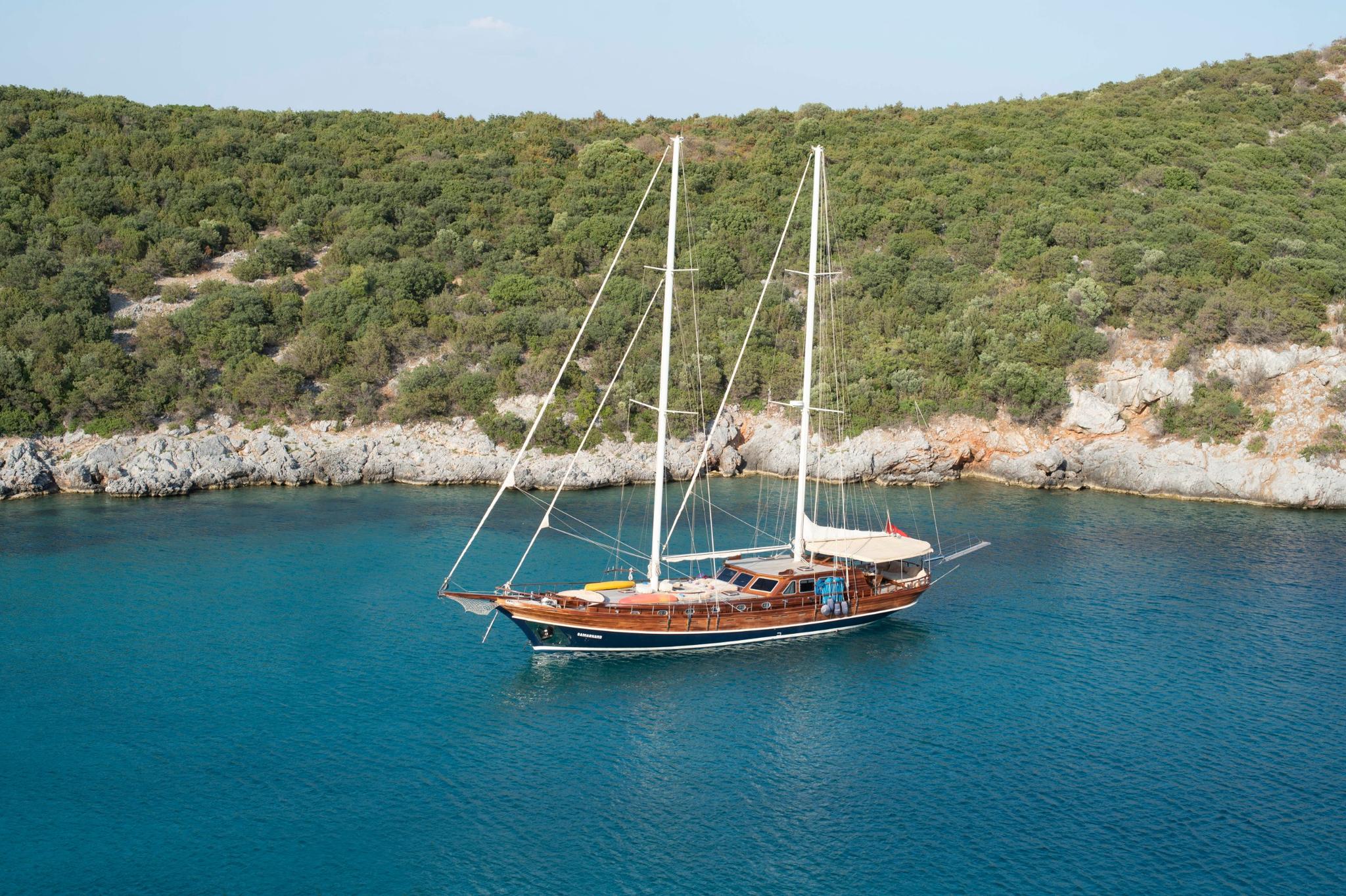 Traditional wooden gulet yacht anchored in turquoise Mediterranean bay with rocky coastline