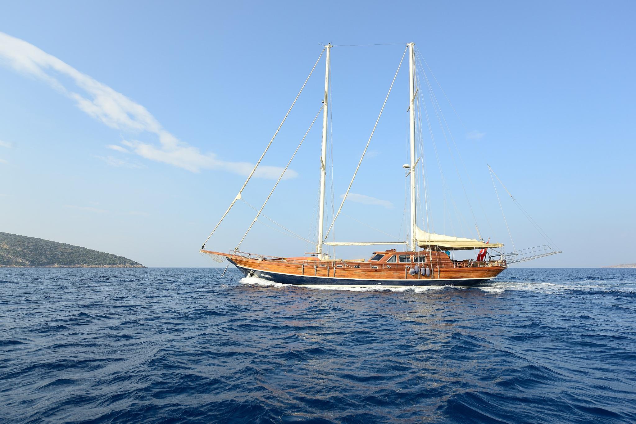 traditional wooden gulet with two masts sailing in blue Mediterranean waters