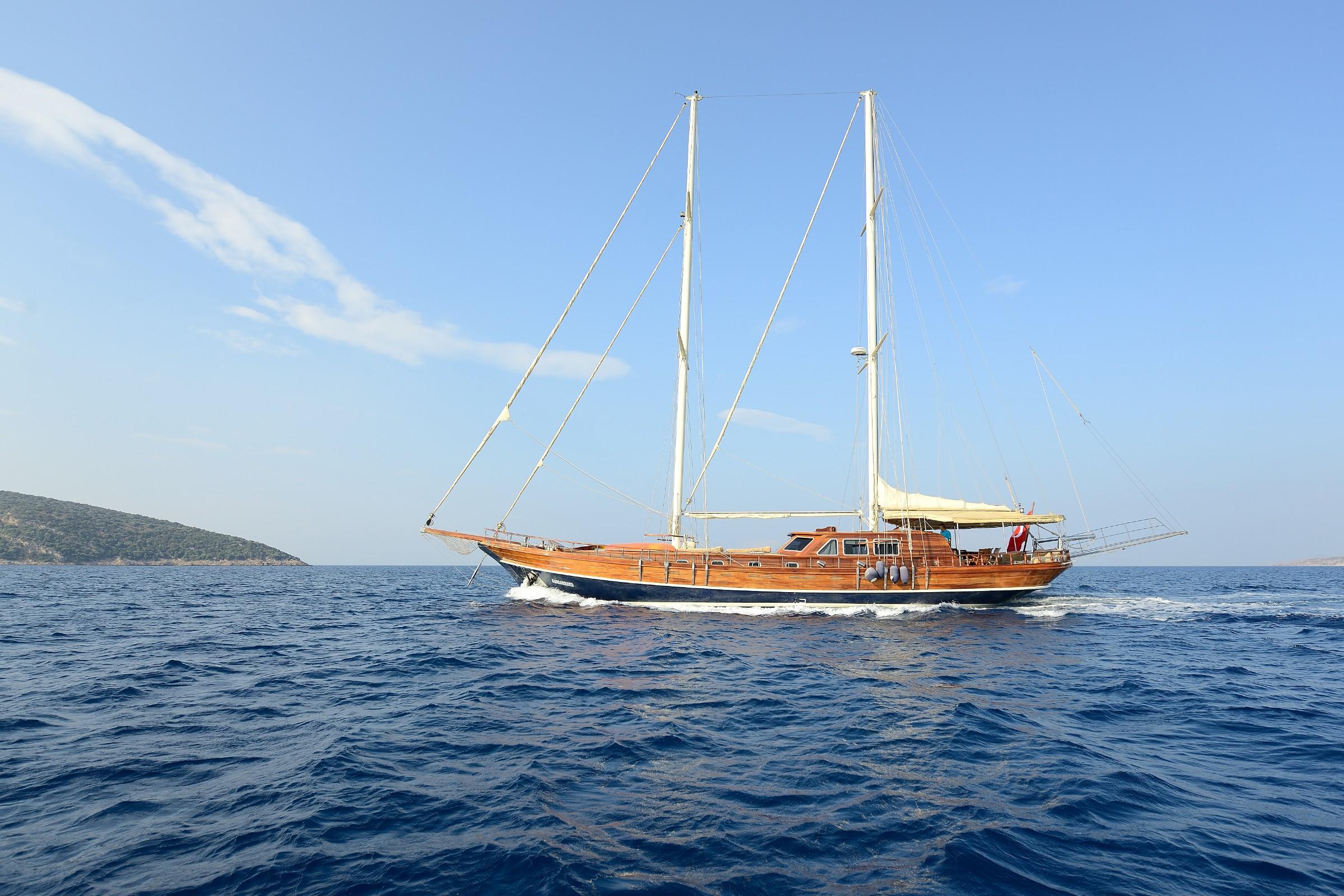 traditional wooden gulet with two masts sailing in blue Mediterranean waters