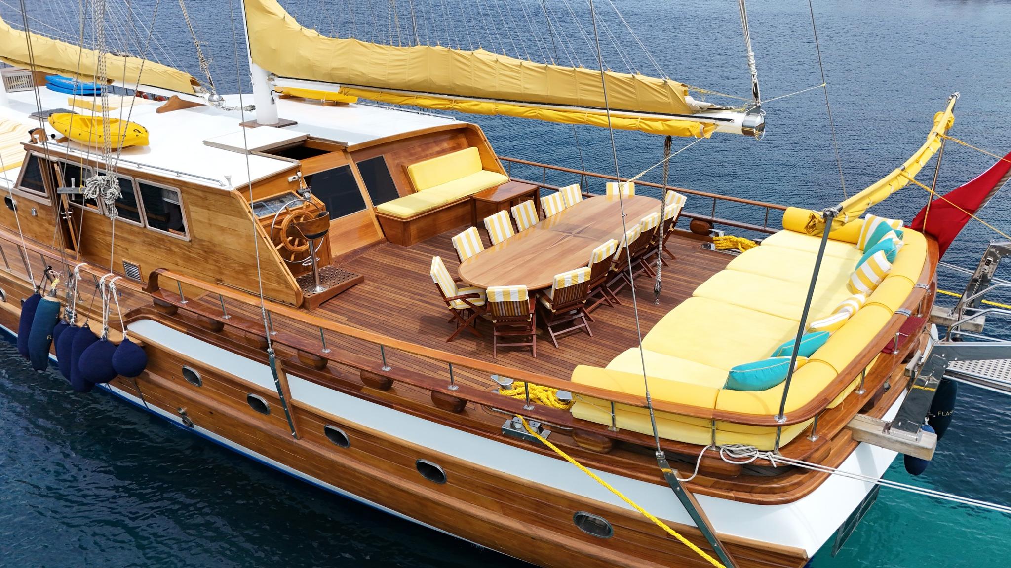 wooden gulet aft deck with outdoor dining table, chairs, and yellow sun cushions