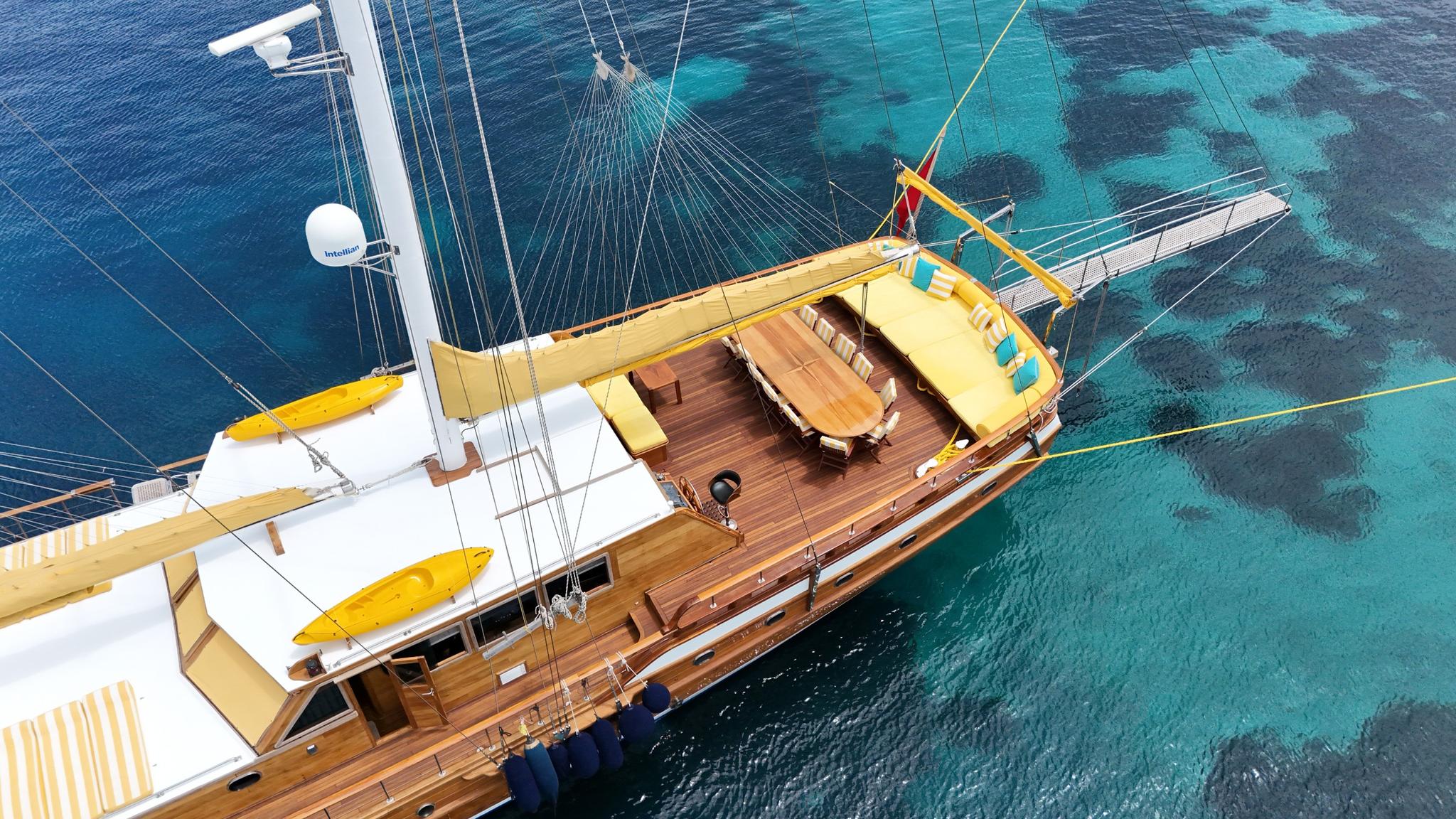 aerial drone shot of wooden gulet yacht with yellow awnings anchored in turquoise waters