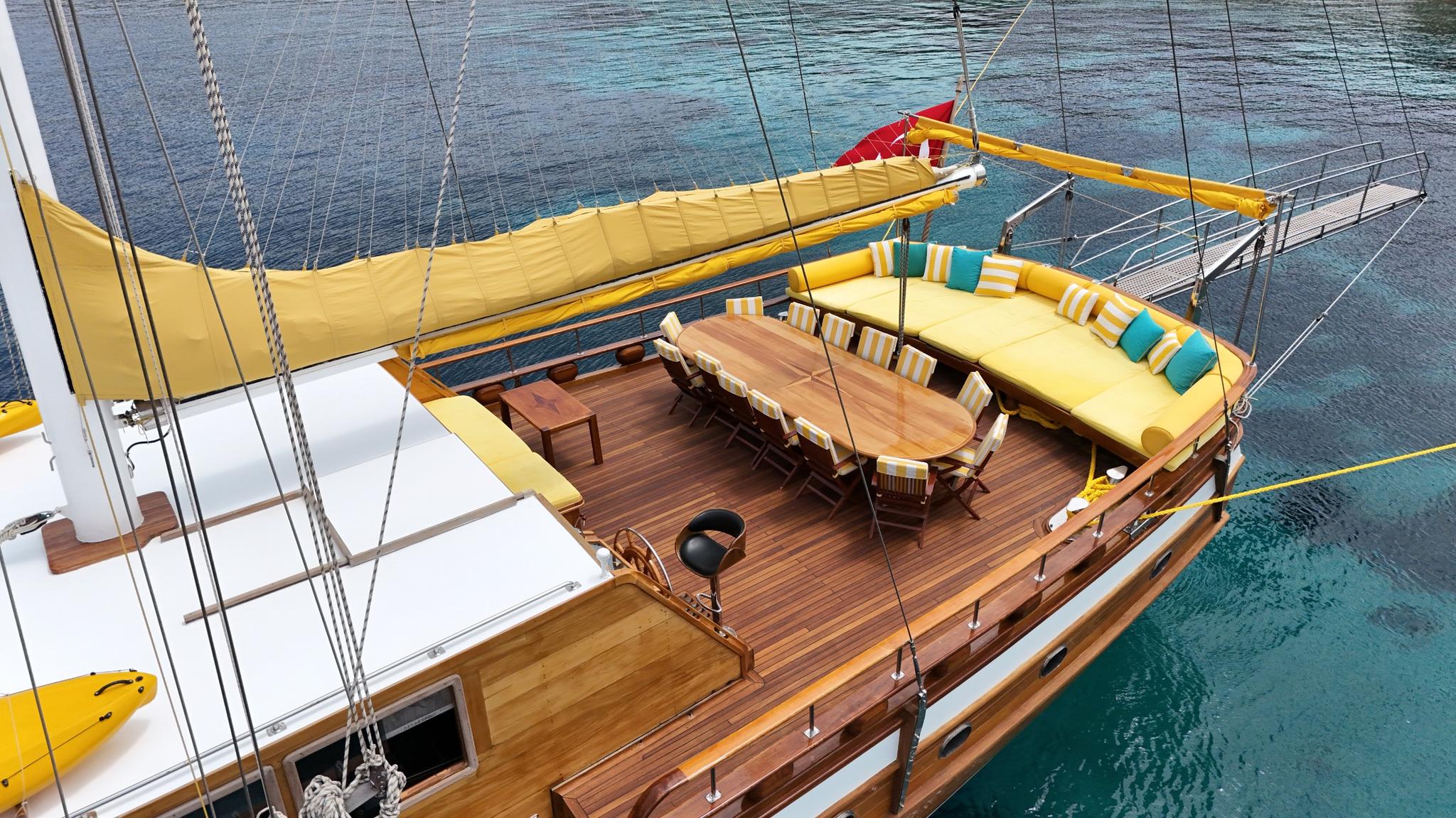 gulet aft deck with teak dining table, yellow cushioned banquette seating and turquoise water views