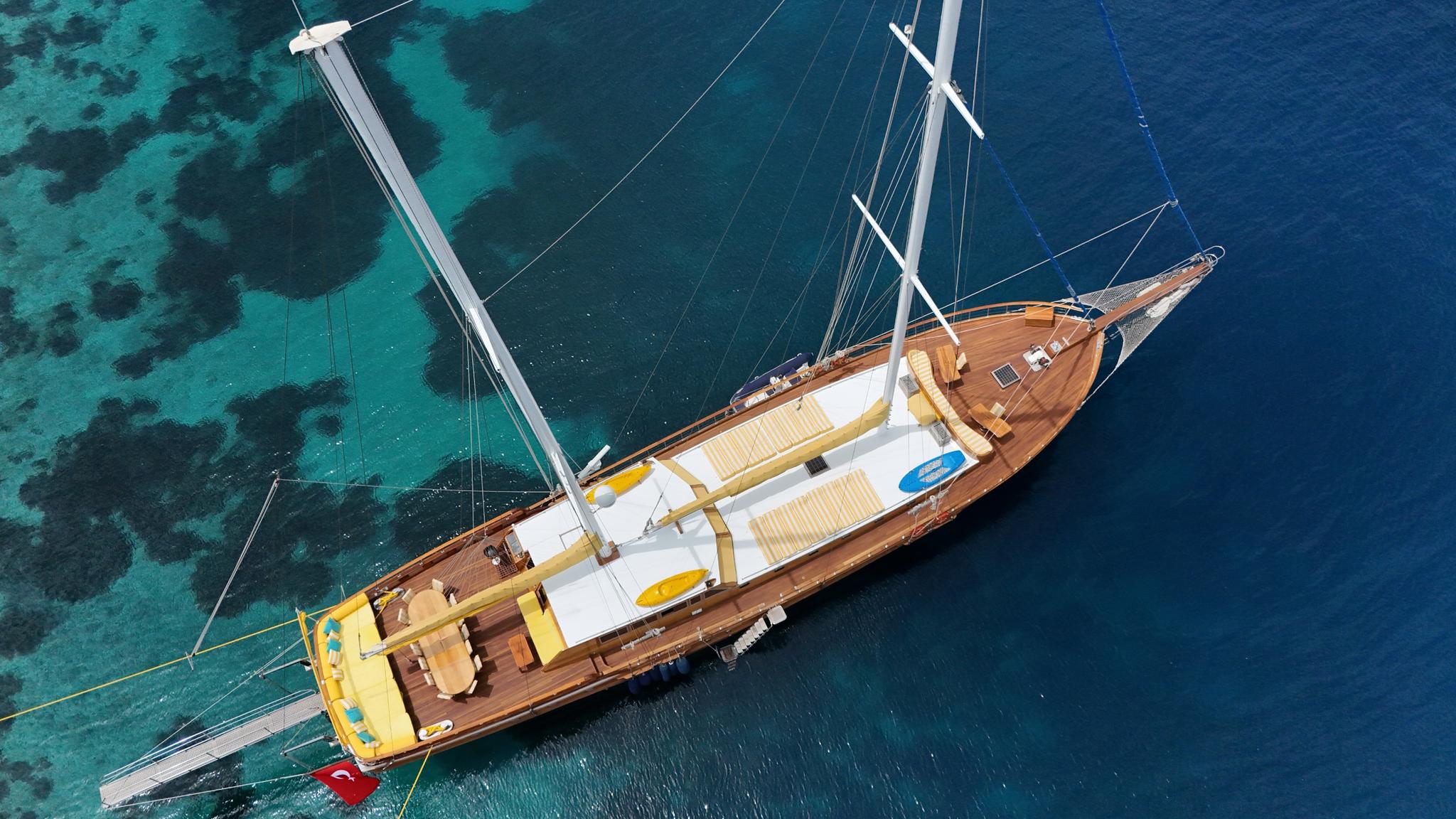 aerial view of wooden gulet yacht anchored in crystal clear turquoise Mediterranean waters