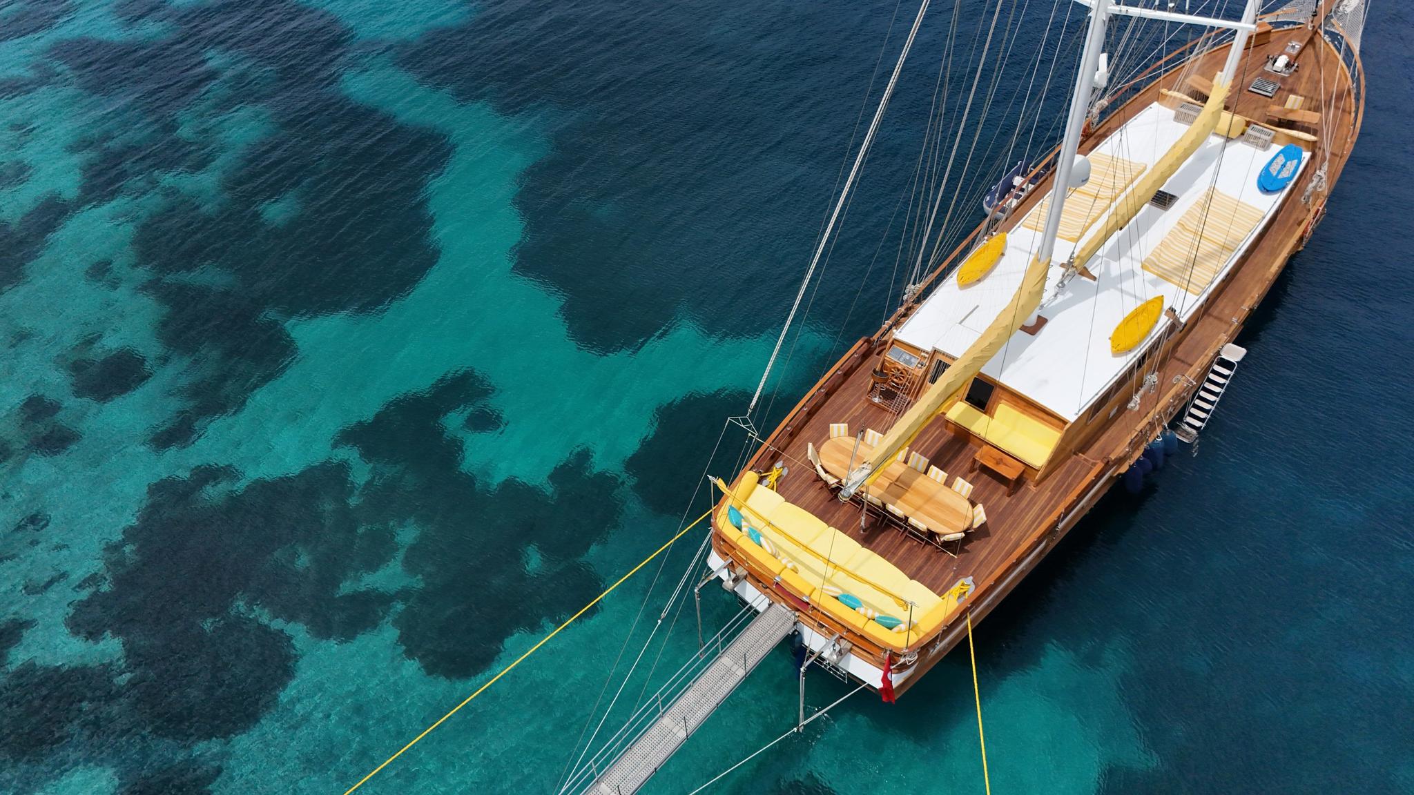aerial view of traditional wooden gulet yacht anchored in shallow turquoise Mediterranean bay