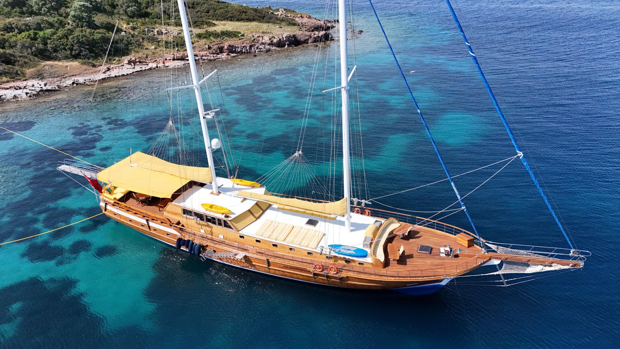 aerial view of wooden gulet with two masts anchored in crystal clear turquoise waters near Mediterranean coastline