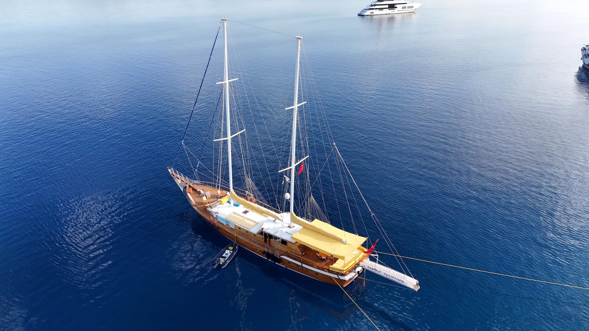 aerial view of traditional wooden gulet with two masts anchored in deep blue Mediterranean waters