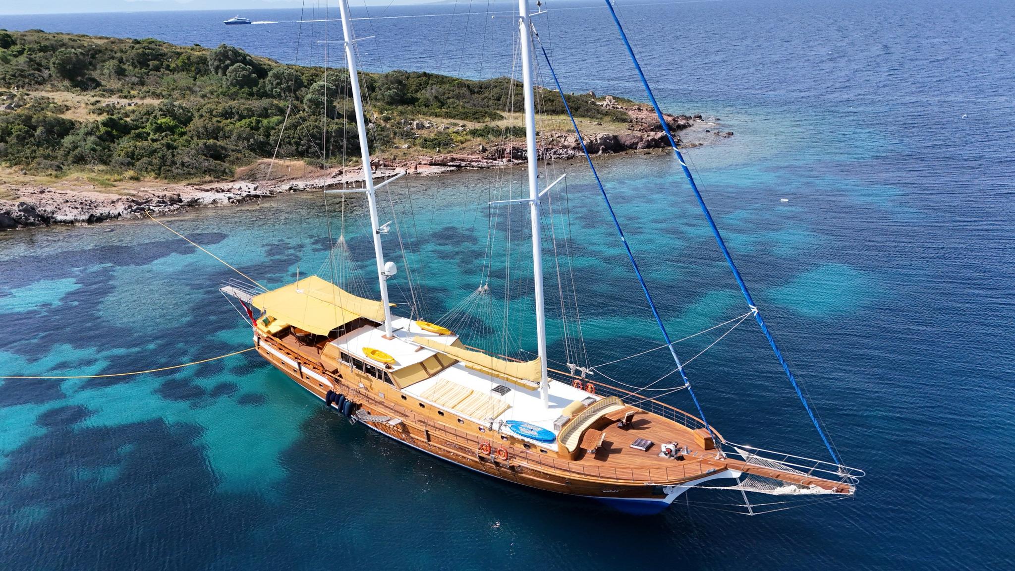 aerial view of classic wooden gulet with two masts anchored in crystal clear turquoise Mediterranean waters
