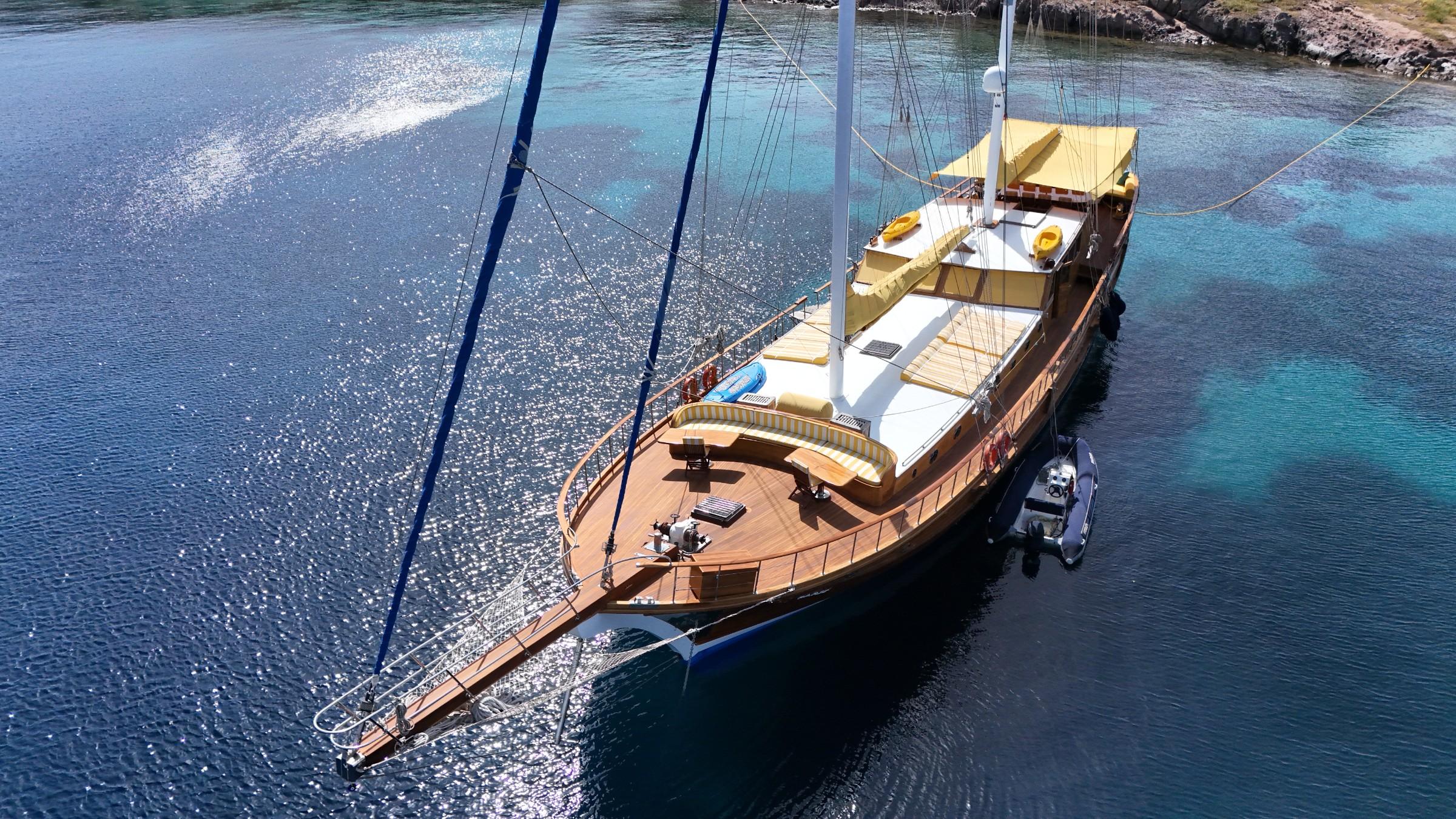aerial view of traditional wooden gulet yacht anchored in crystal clear turquoise waters