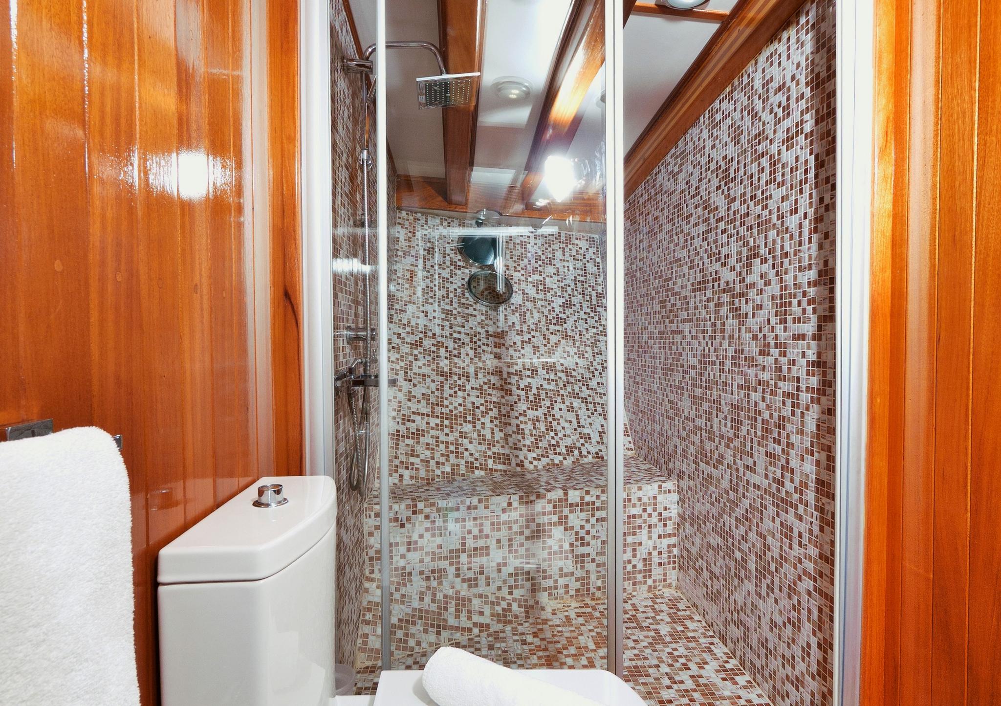 yacht bathroom with brown mosaic tile shower, white toilet and polished wood paneling