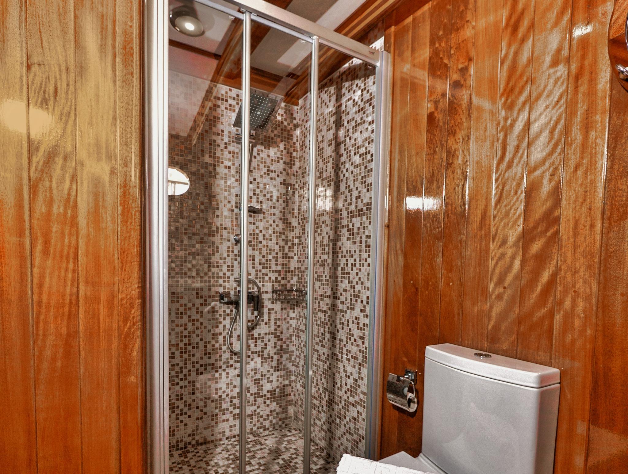 yacht bathroom featuring glass-enclosed shower with mosaic tiles and white toilet